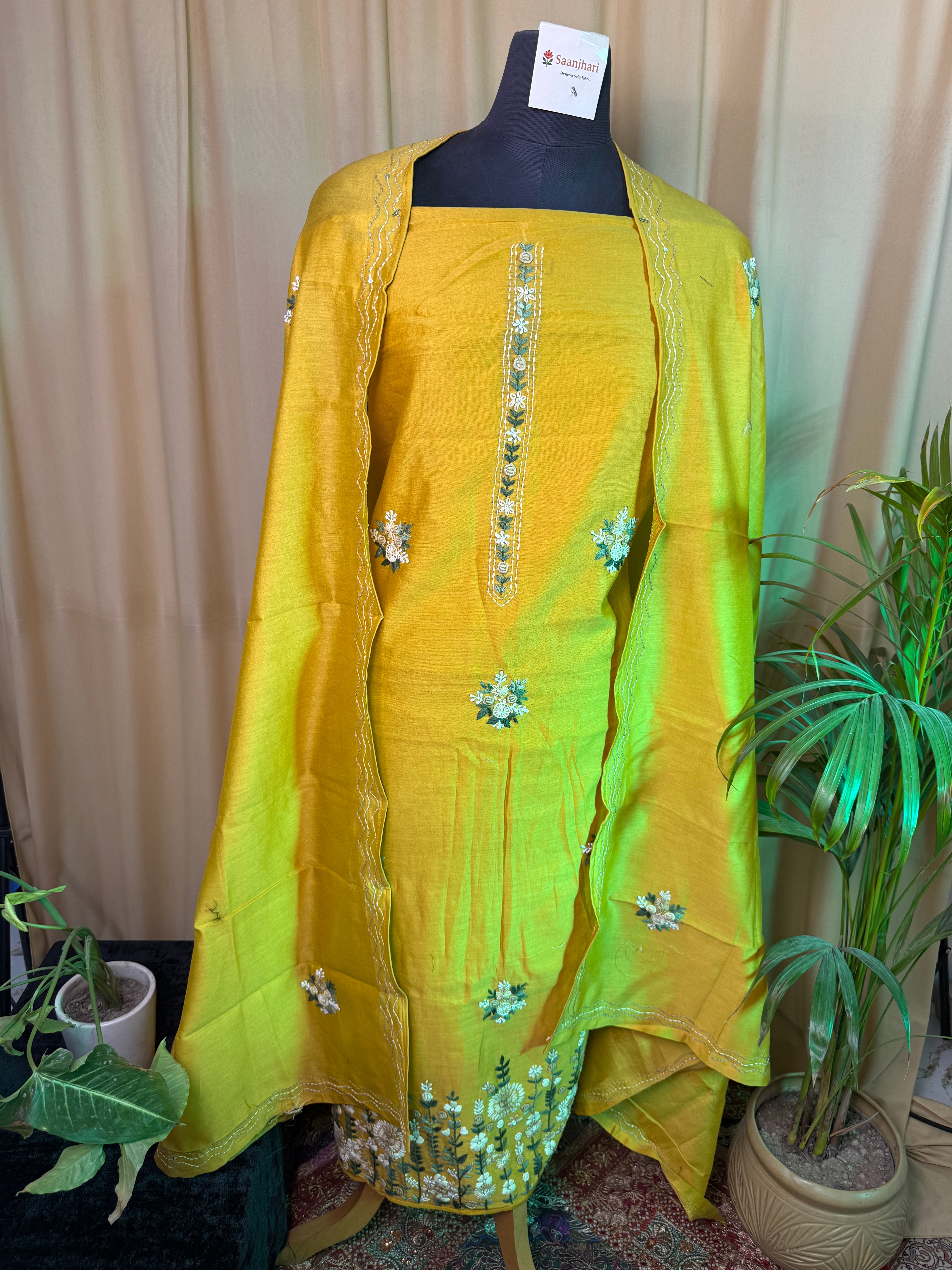 Mul Chanderi Sunshine Yellow Unstitched Suit with Floral Thread Work – Elegant Ethnic Set