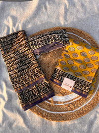 Chanderi Silk Unstitched Suit Set with Mustard & Black Block Print – Festive Ethnic Wear