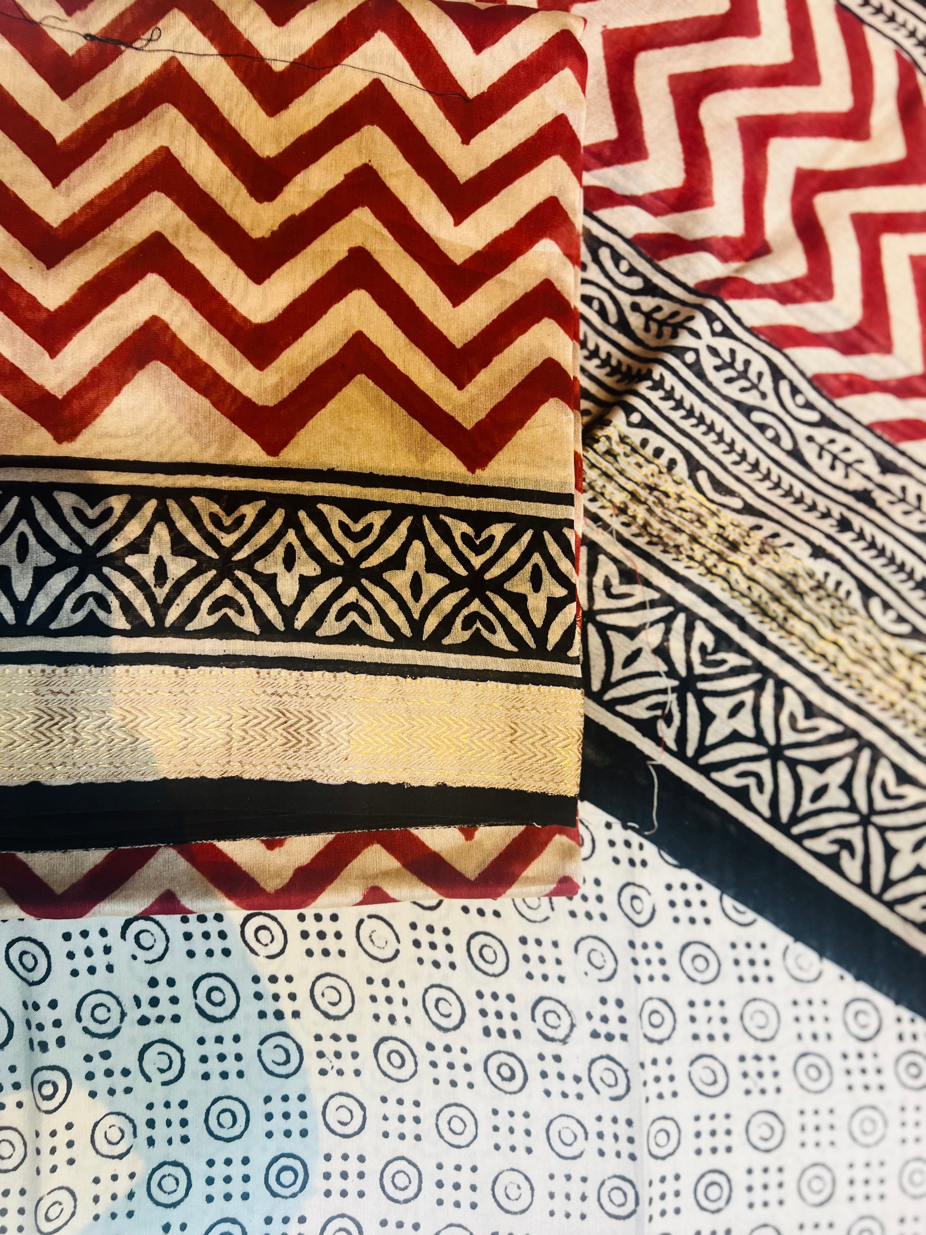 Maheshwari Silk Unstitched Suit Set with Chevron & Block Print – Festive Ethnic Wear