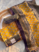 Chanderi Silk Unstitched Suit Set with Mustard & Black Block Print – Festive Ethnic Wear