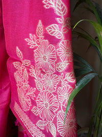 Rani Pink Linen Cotton Suit with Zari Floral Embroidery & Jamdani Woven Dupatta
