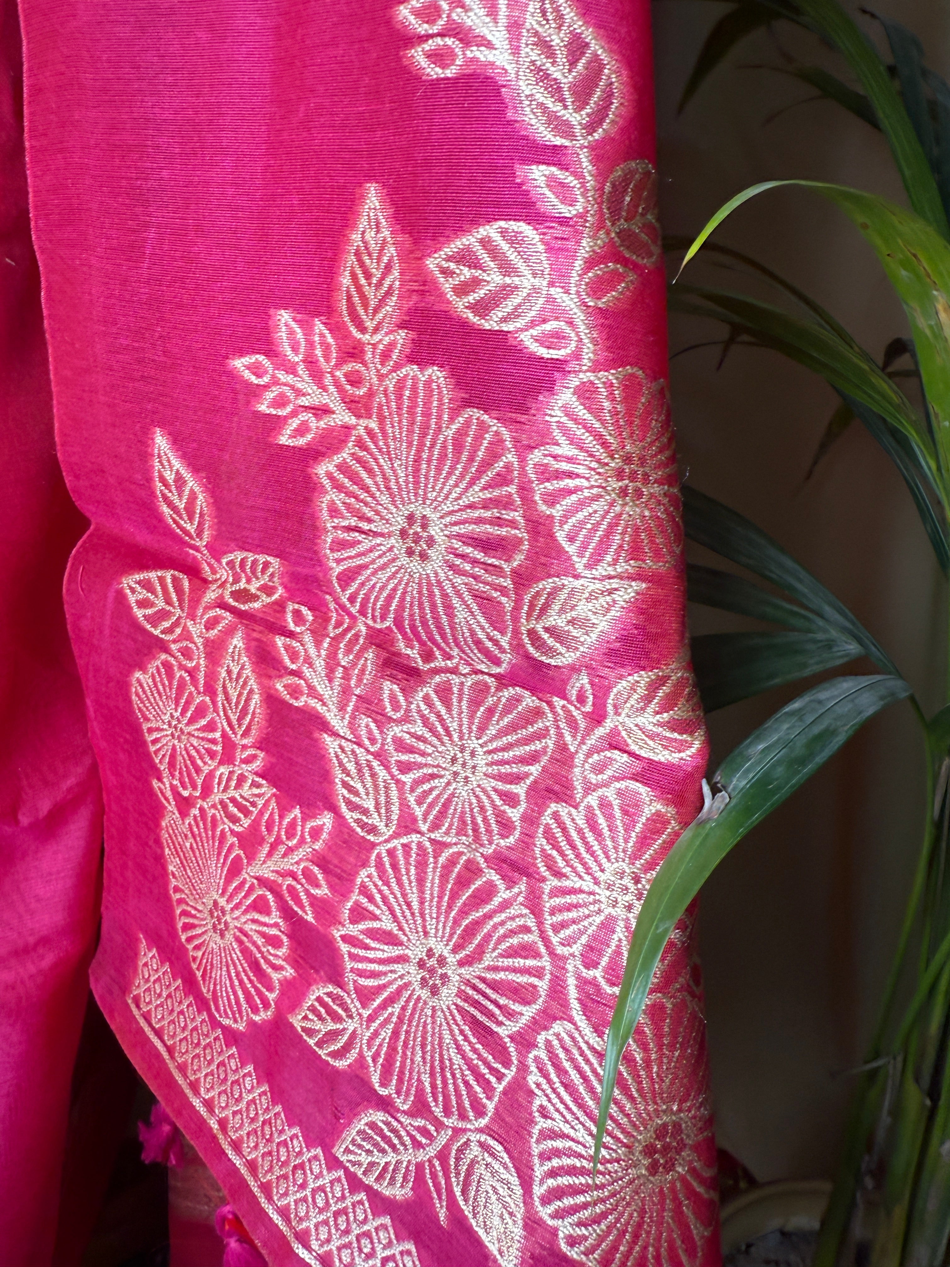 Rani Pink Linen Cotton Suit with Zari Floral Embroidery & Jamdani Woven Dupatta