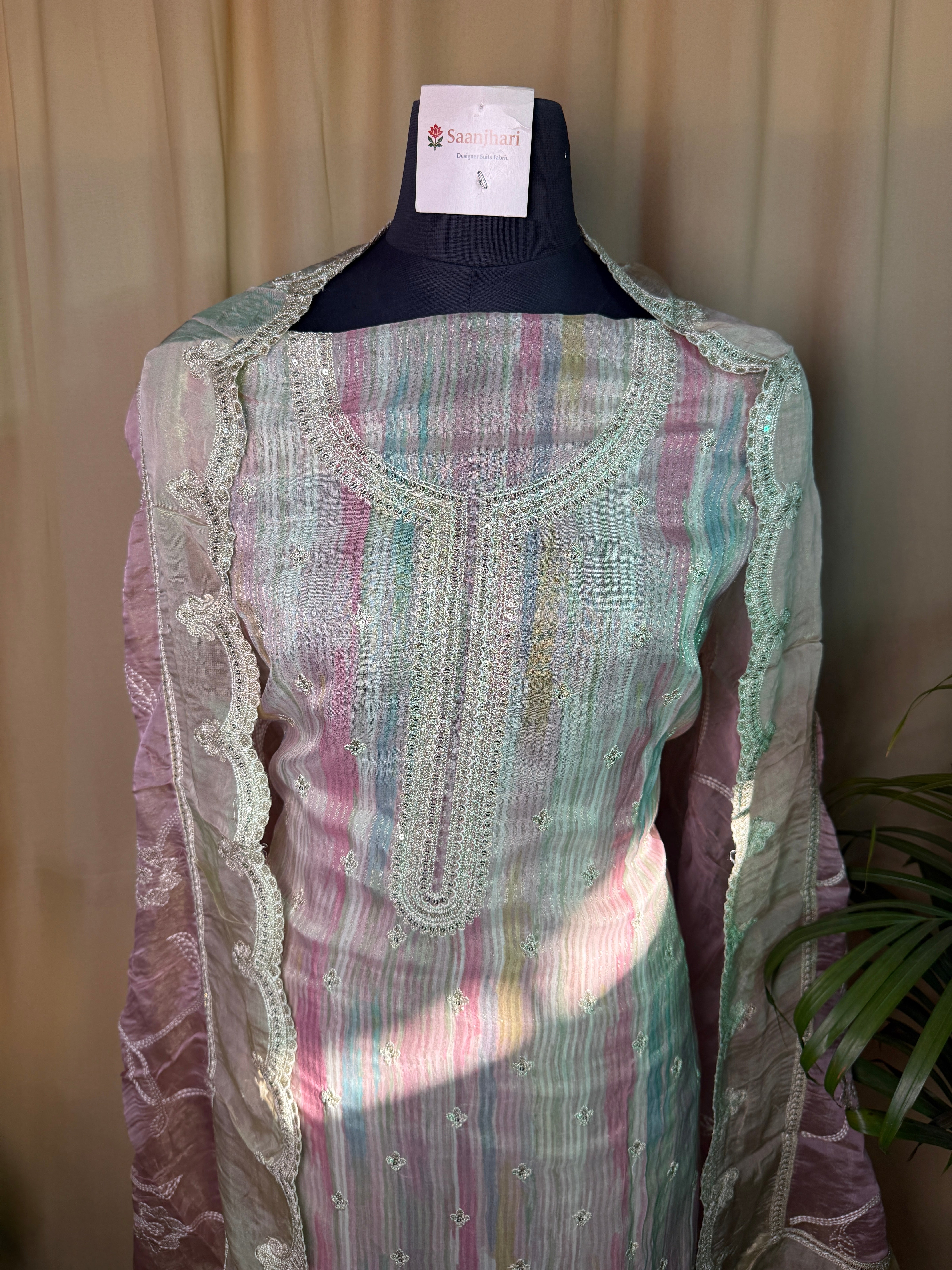 Pink Organza Unstitched Suit with Embroidered Border & Dupatta