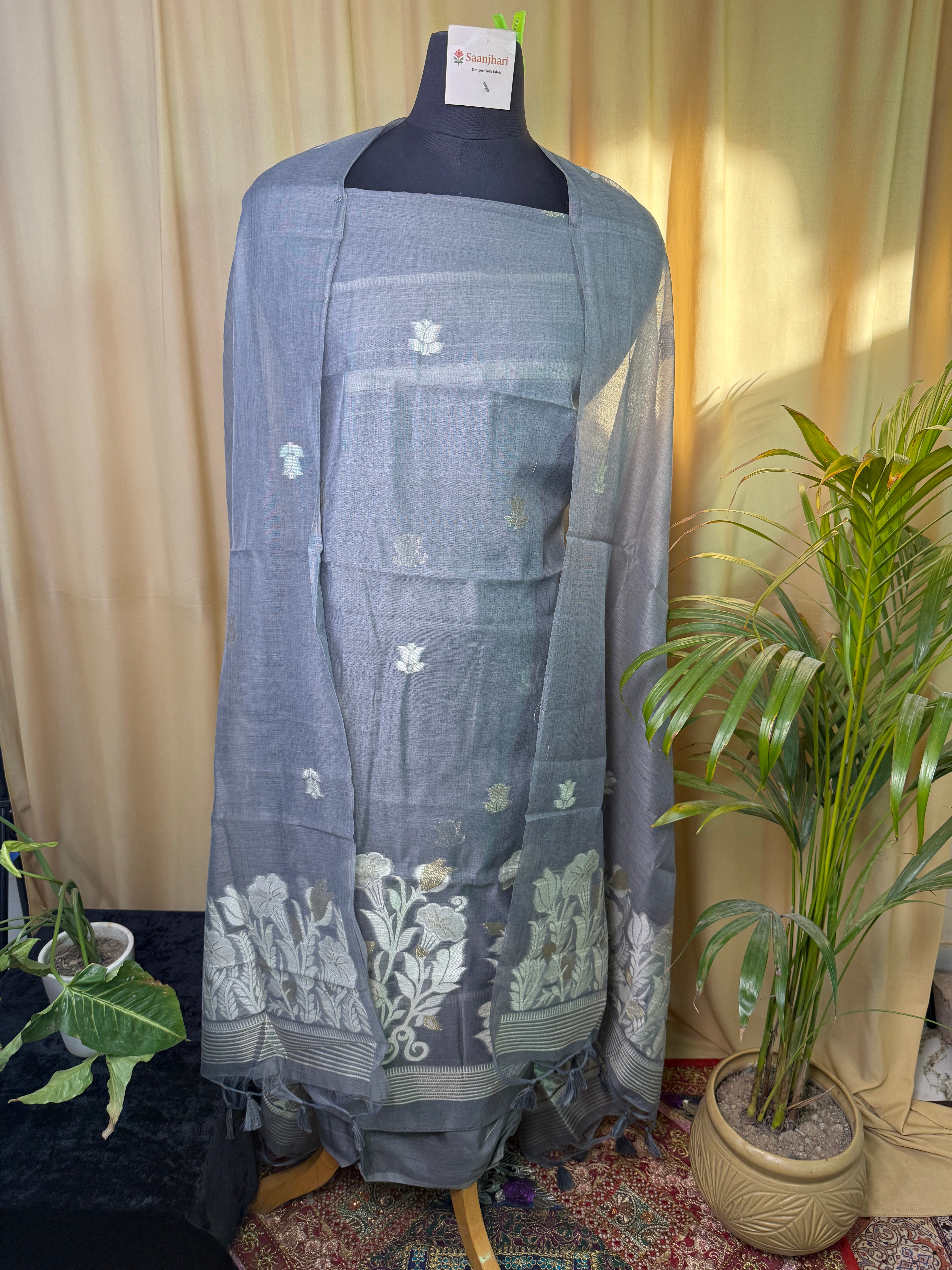 Soft Grey Linen Cotton Suit with Jamdani Floral Dupatta – Minimal & Elegant Ethnic Set