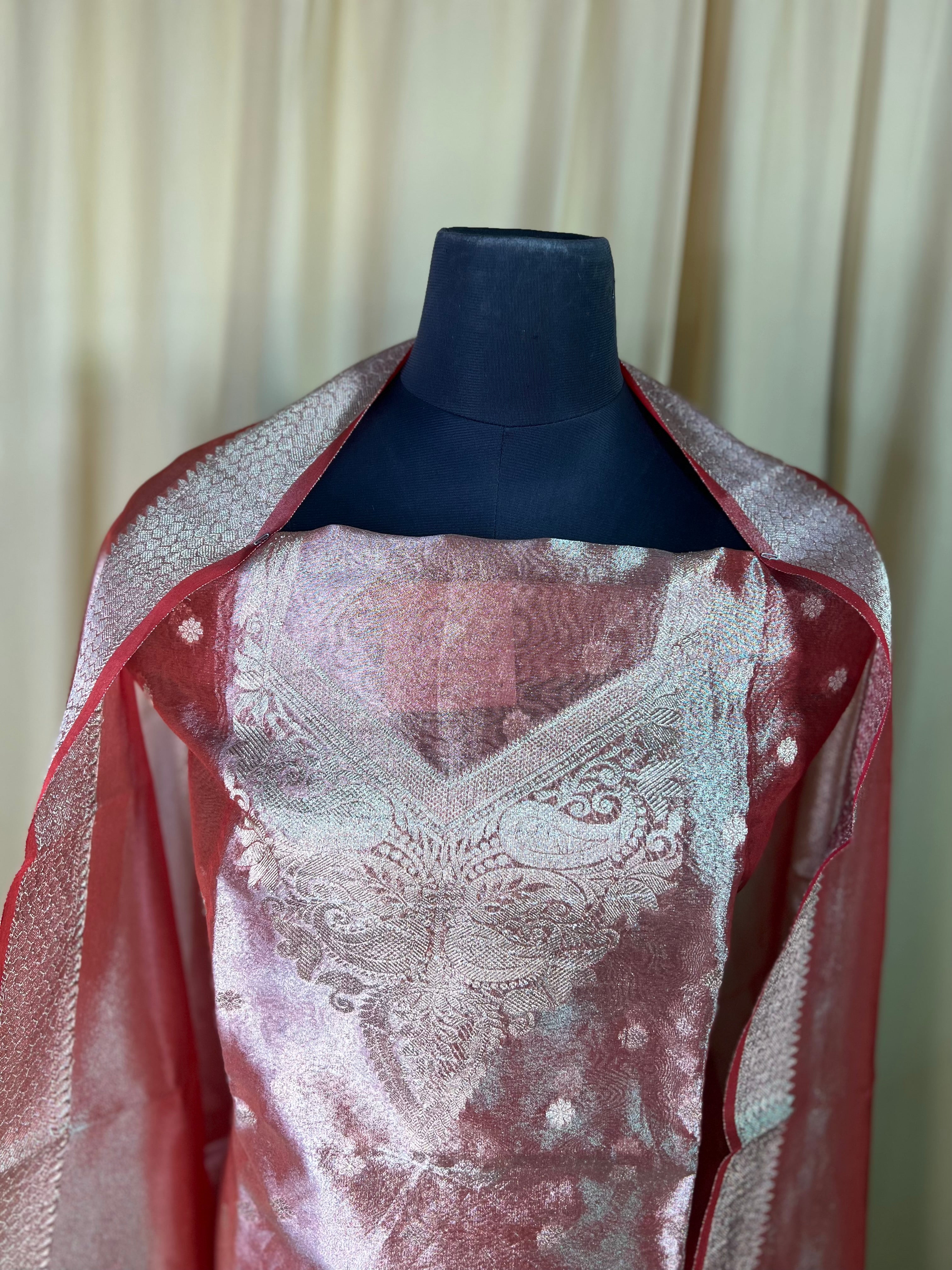 Red Tissue Organza Suit with Fine Zari Detailing & Dupatta