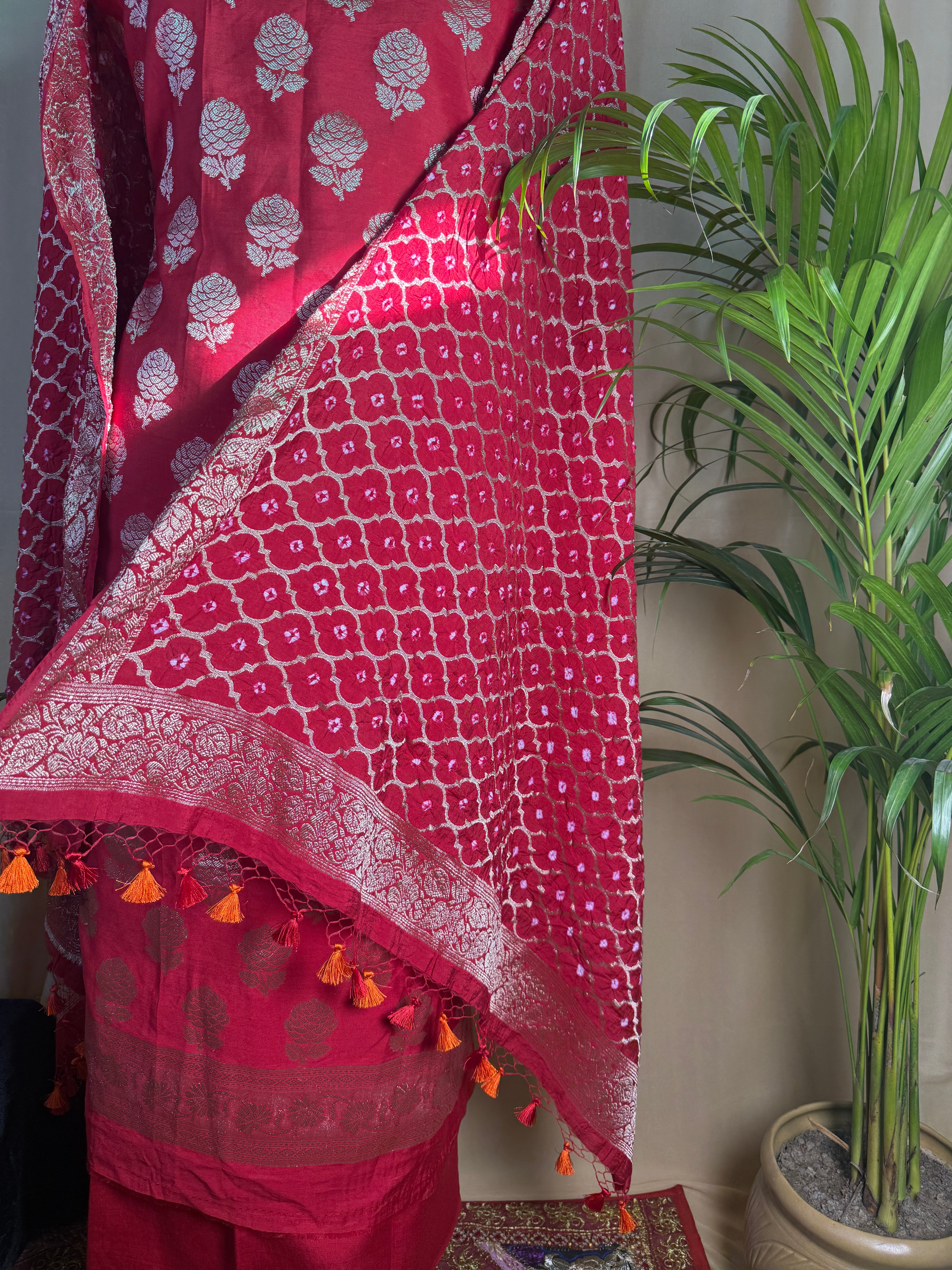 Red Banarasi Silk Suit with Zari Floral Work & Bandhani Dupatta