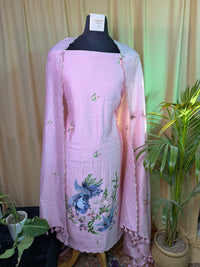 Blush Pink Mul Chanderi Unstitched Suit with Floral Thread Embroidery