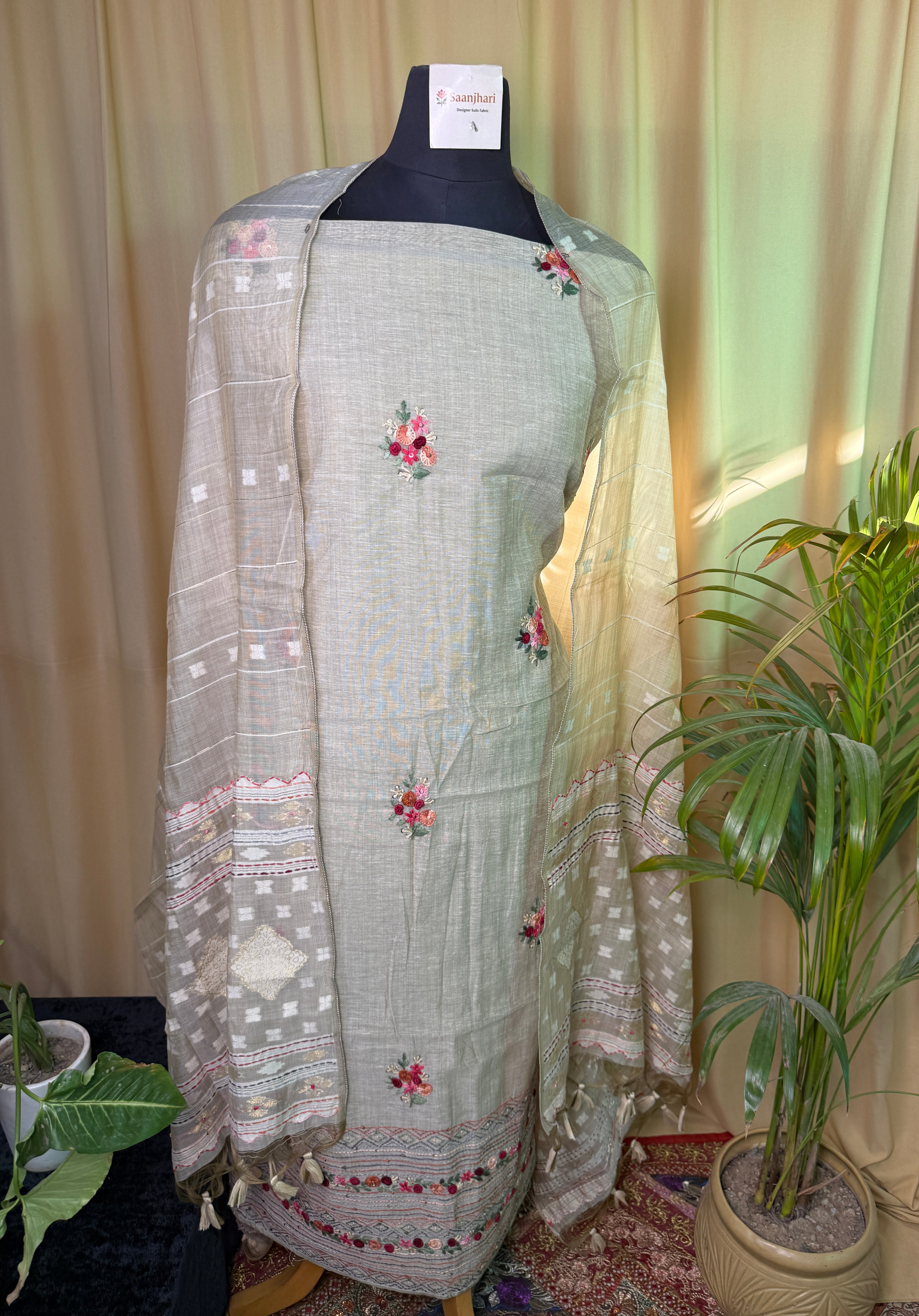 Soft Sage Linen Cotton Unstitched Suit with Floral Thread Work Dupatta