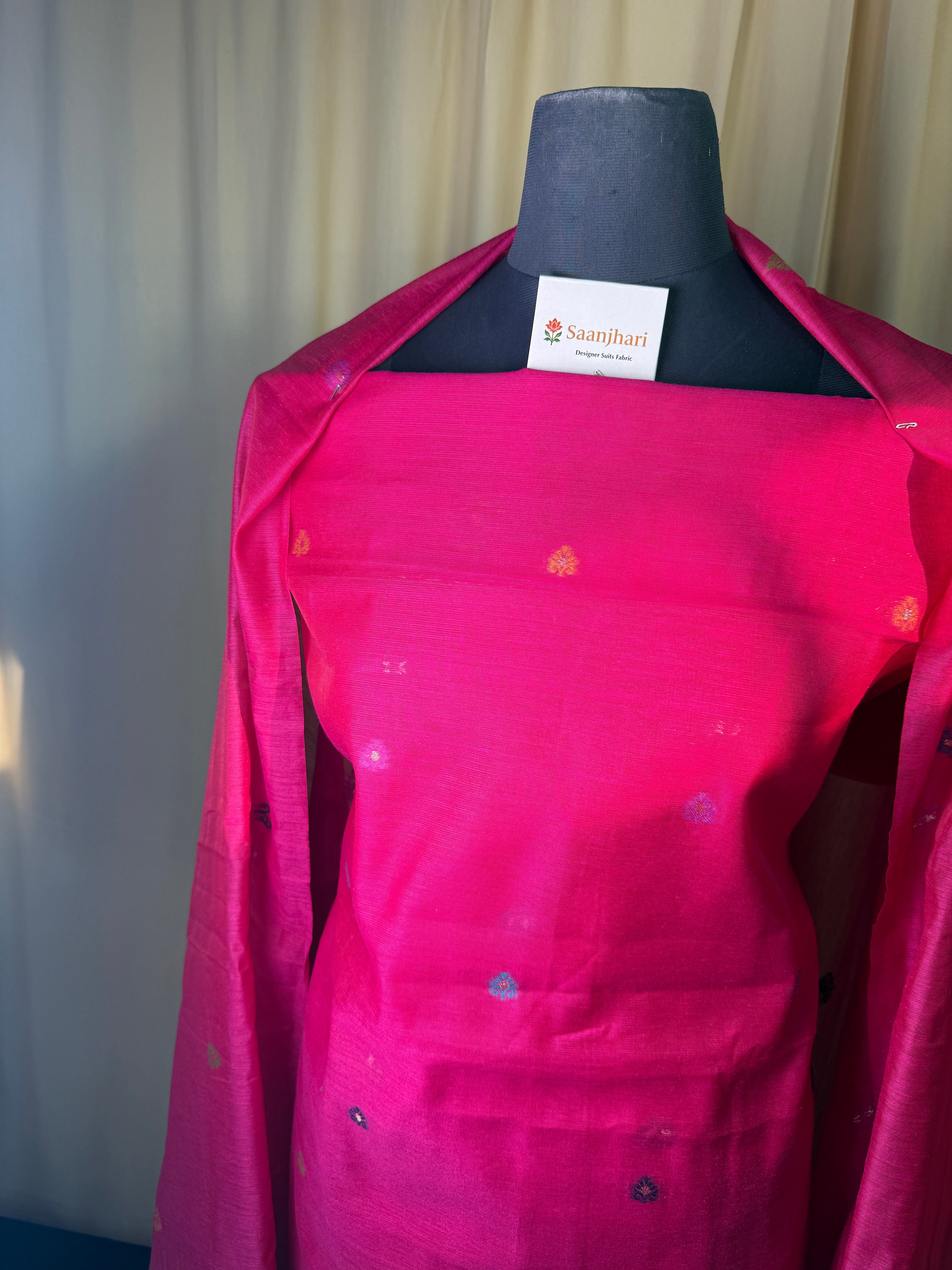 Pink Linen Cotton Ethnic Suit Material with Designer Border Dupatta