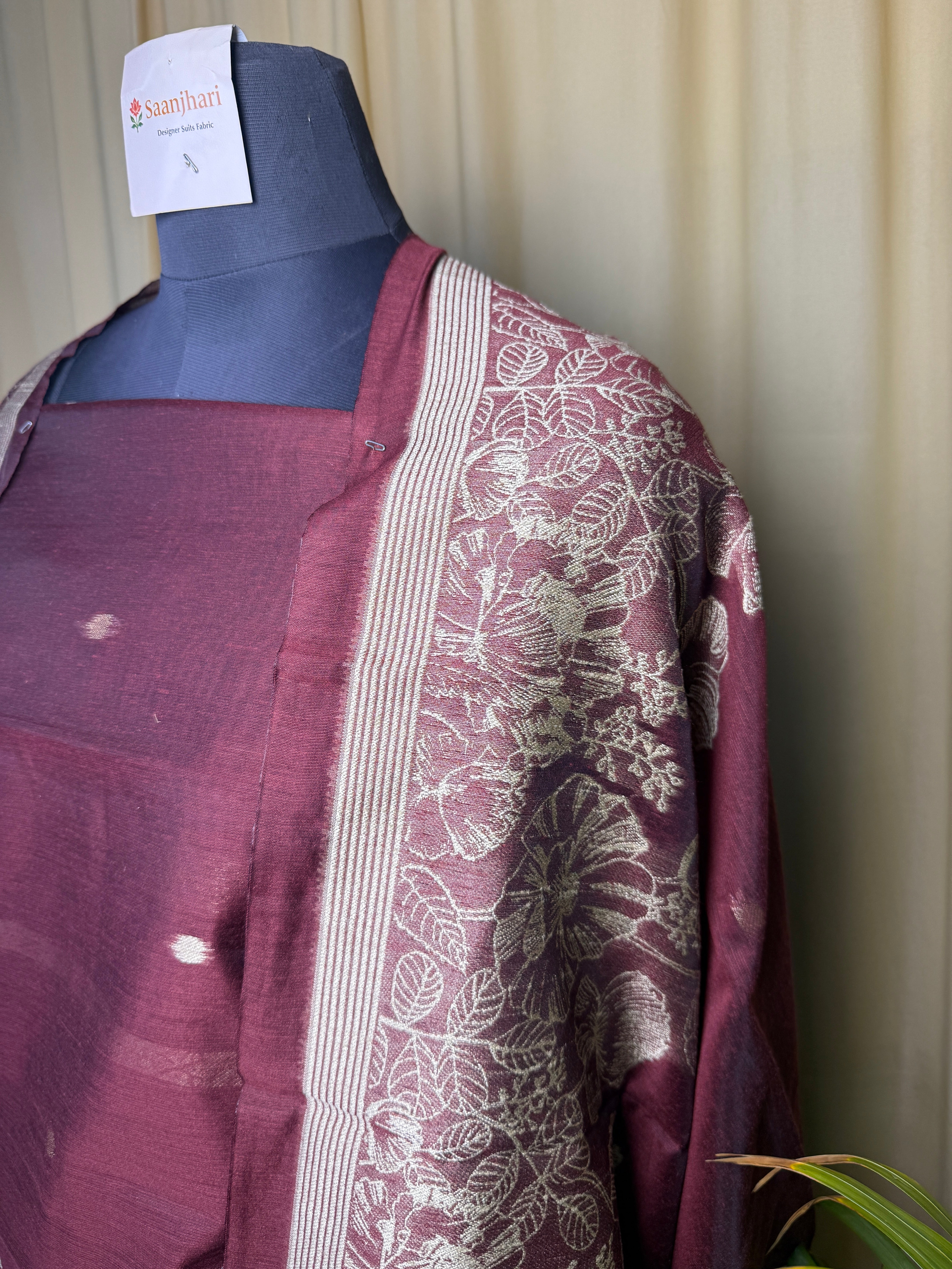 Maroon Linen Cotton Suit with Elegant Jamdani Floral Dupatta – Soft & Graceful Ethnic Set