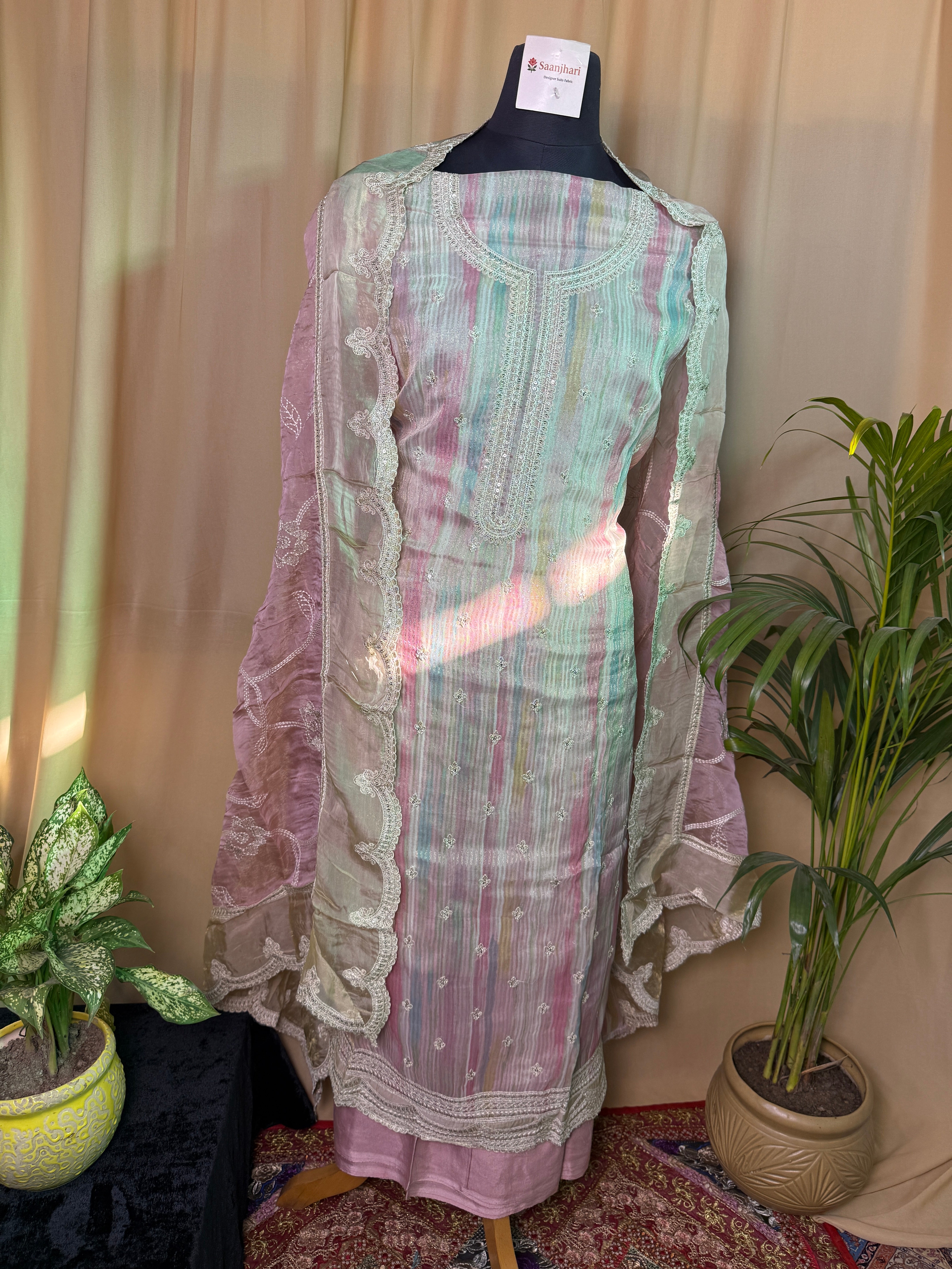 Pink Organza Unstitched Suit with Embroidered Border & Dupatta