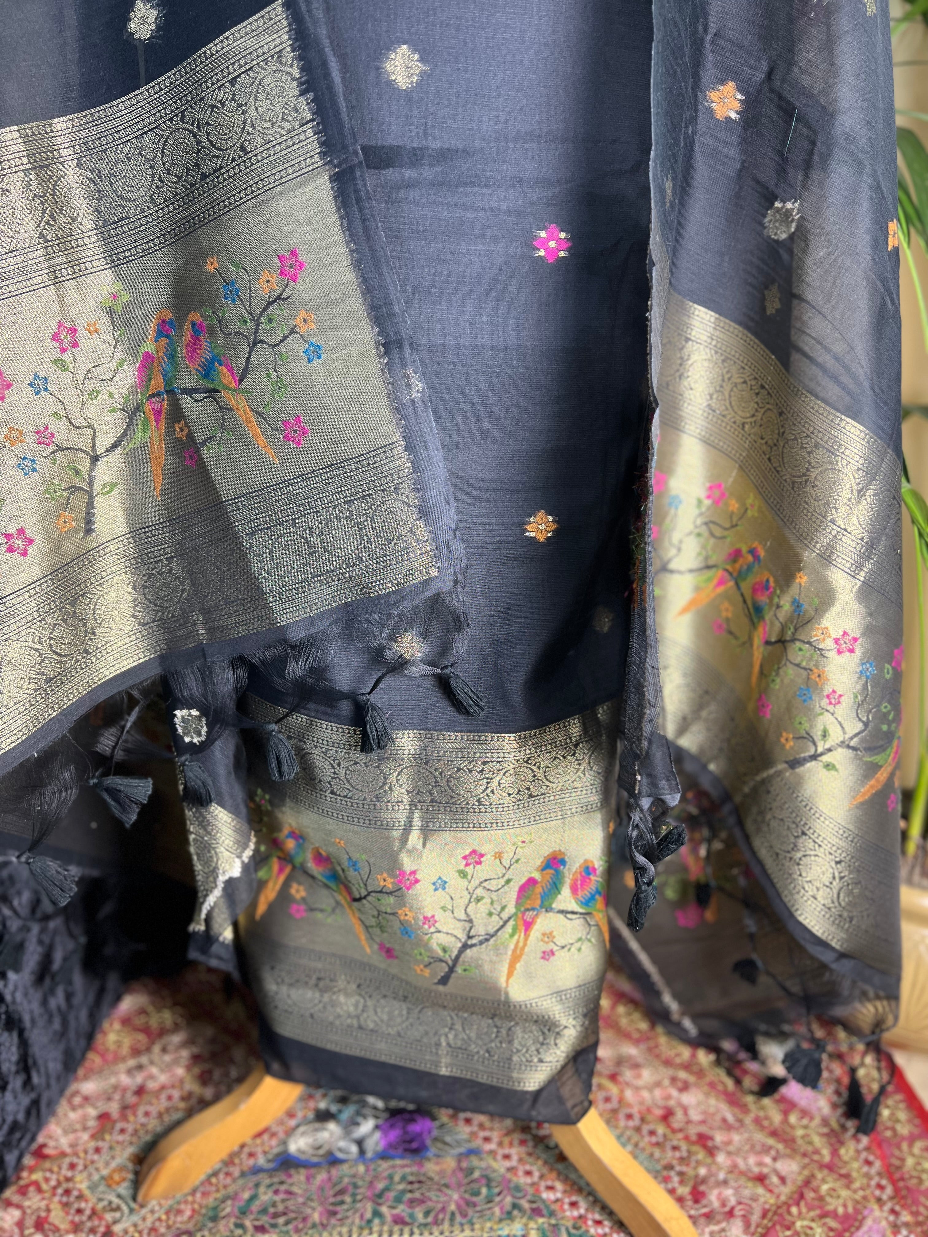 Charcoal Mul Chanderi Unstitched Suit with Zari Motif Dupatta