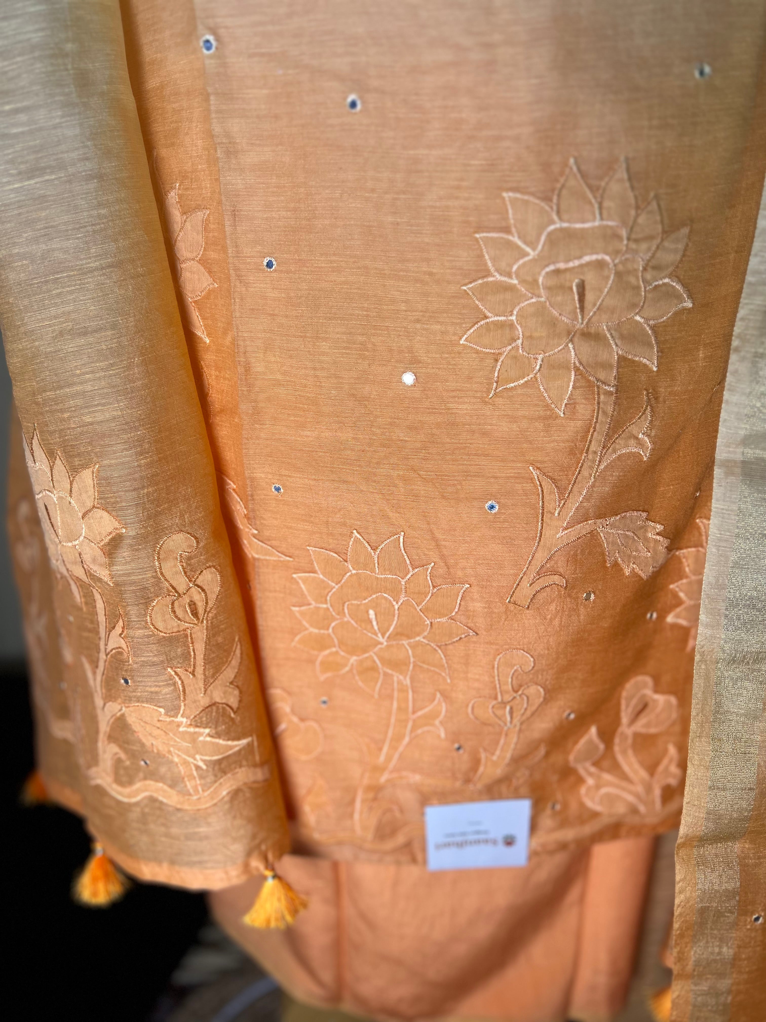 Peach Ombre Chanderi Silk Suit with Floral Embroidery & Soft Dupatta