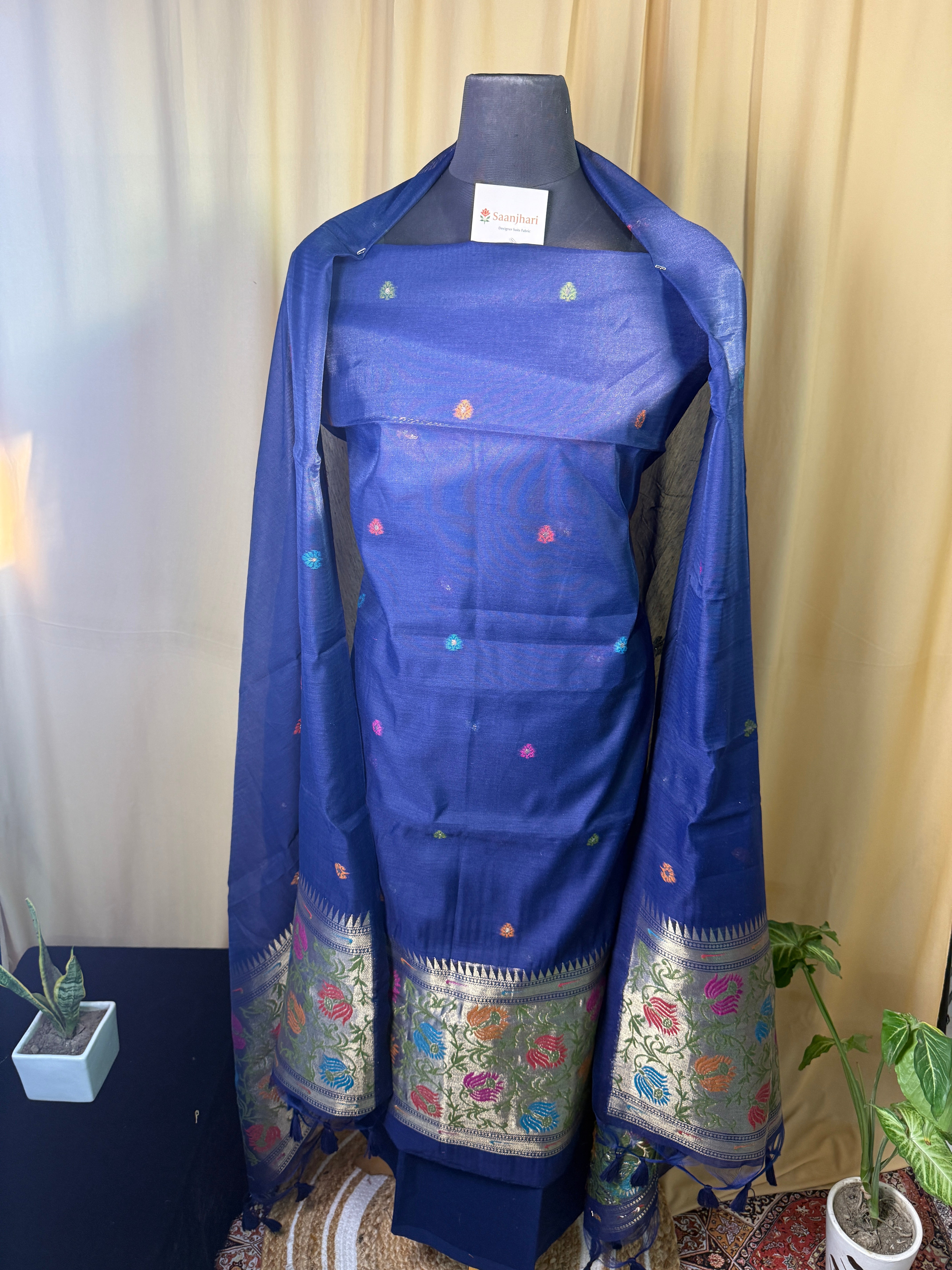 Linen Cotton Blue Suit Set with Printed Border Dupatta – Comfortable Ethnic Wear