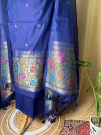 Linen Cotton Blue Suit Set with Printed Border Dupatta – Comfortable Ethnic Wear