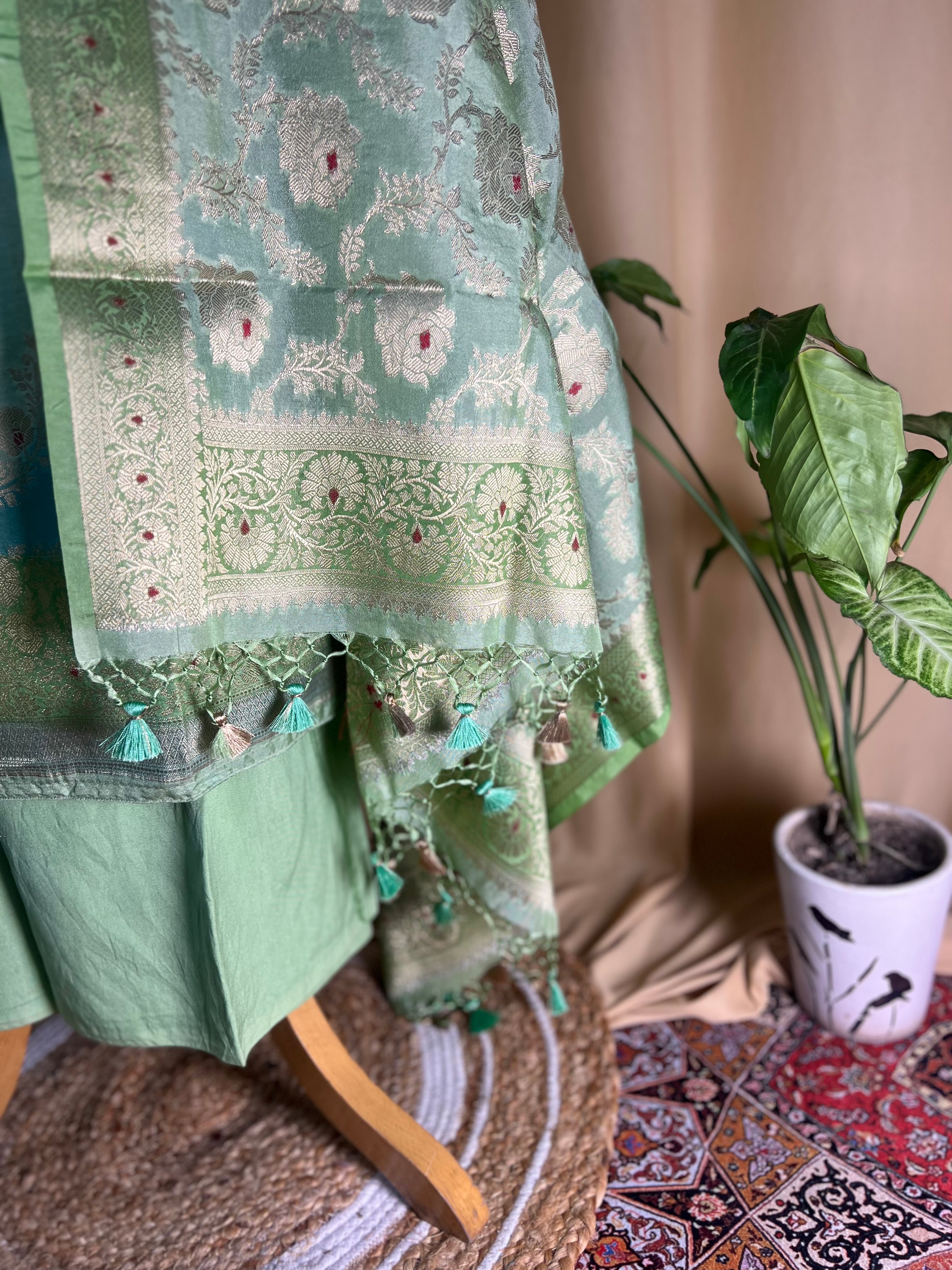 Fresh Green Banarasi Silk Suit With Fine Zari Woven Dupatta