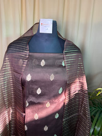 Elegant Brown Banarasi Silk Unstitched Suit with Soft Organza Dupatta