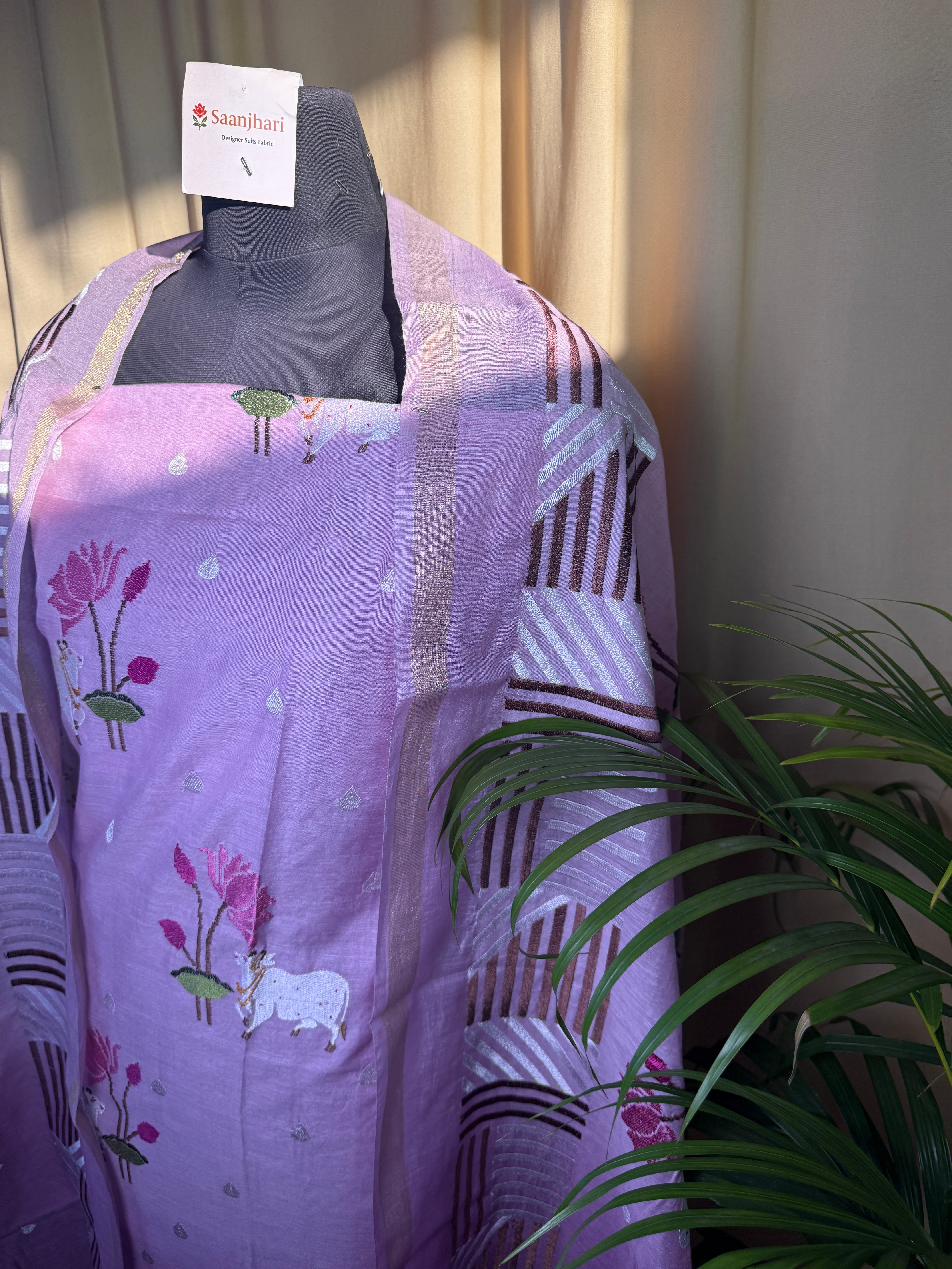 Lavender Chanderi Silk Suit with Floral Thread Art Work