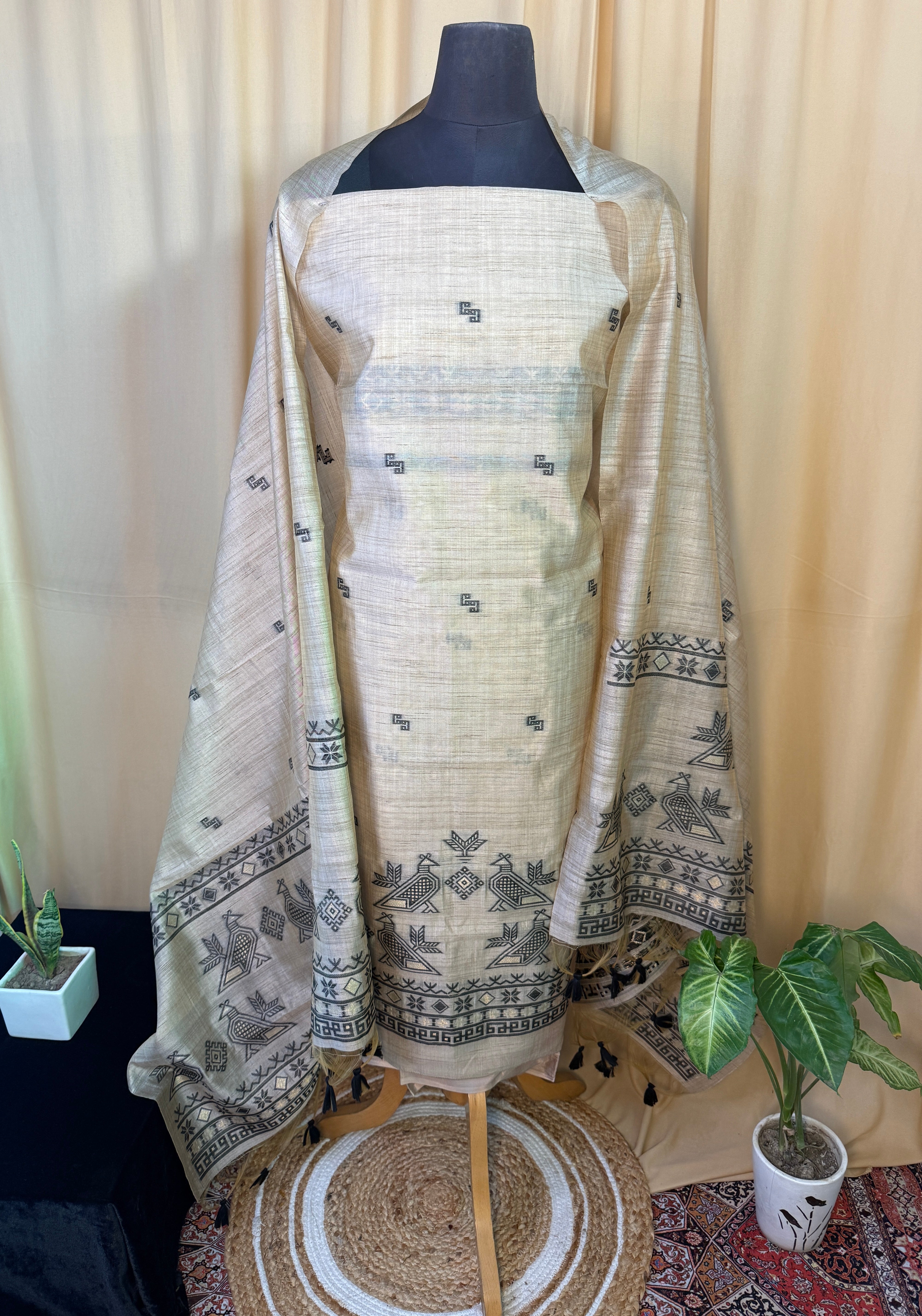 Royal Tussar Silk Suit Set with Handicraft detailing Dupatta for Festive Wear