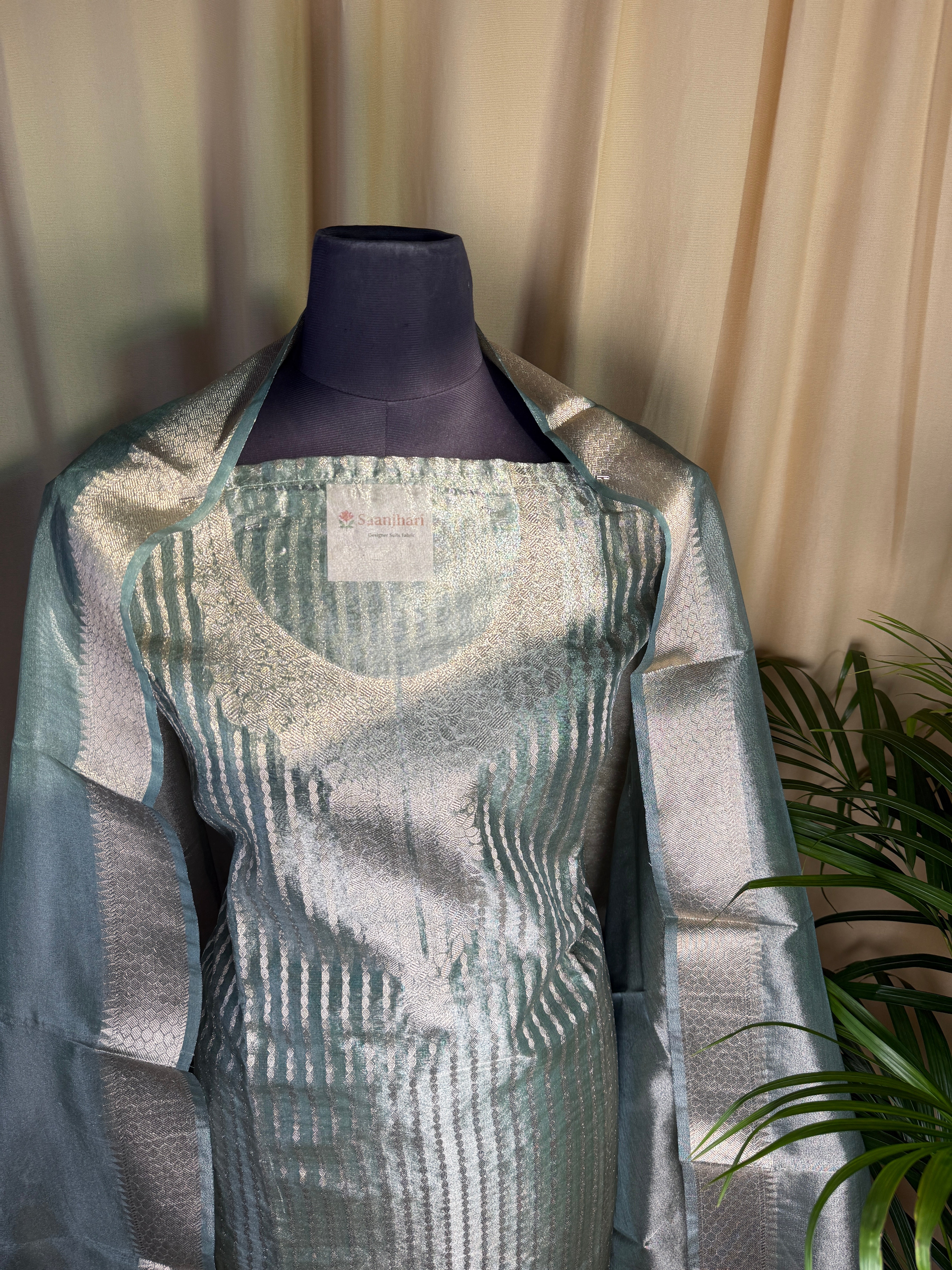 Mint Green Tissue Organza Suit with Soft Metallic Glow