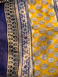 Chanderi Silk Unstitched Suit Set with Mustard & Black Block Print – Festive Ethnic Wear