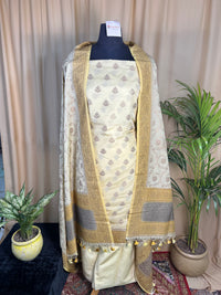 Yellow Banarasi Silk Unstitched Suit with Zari Motif Dupatta