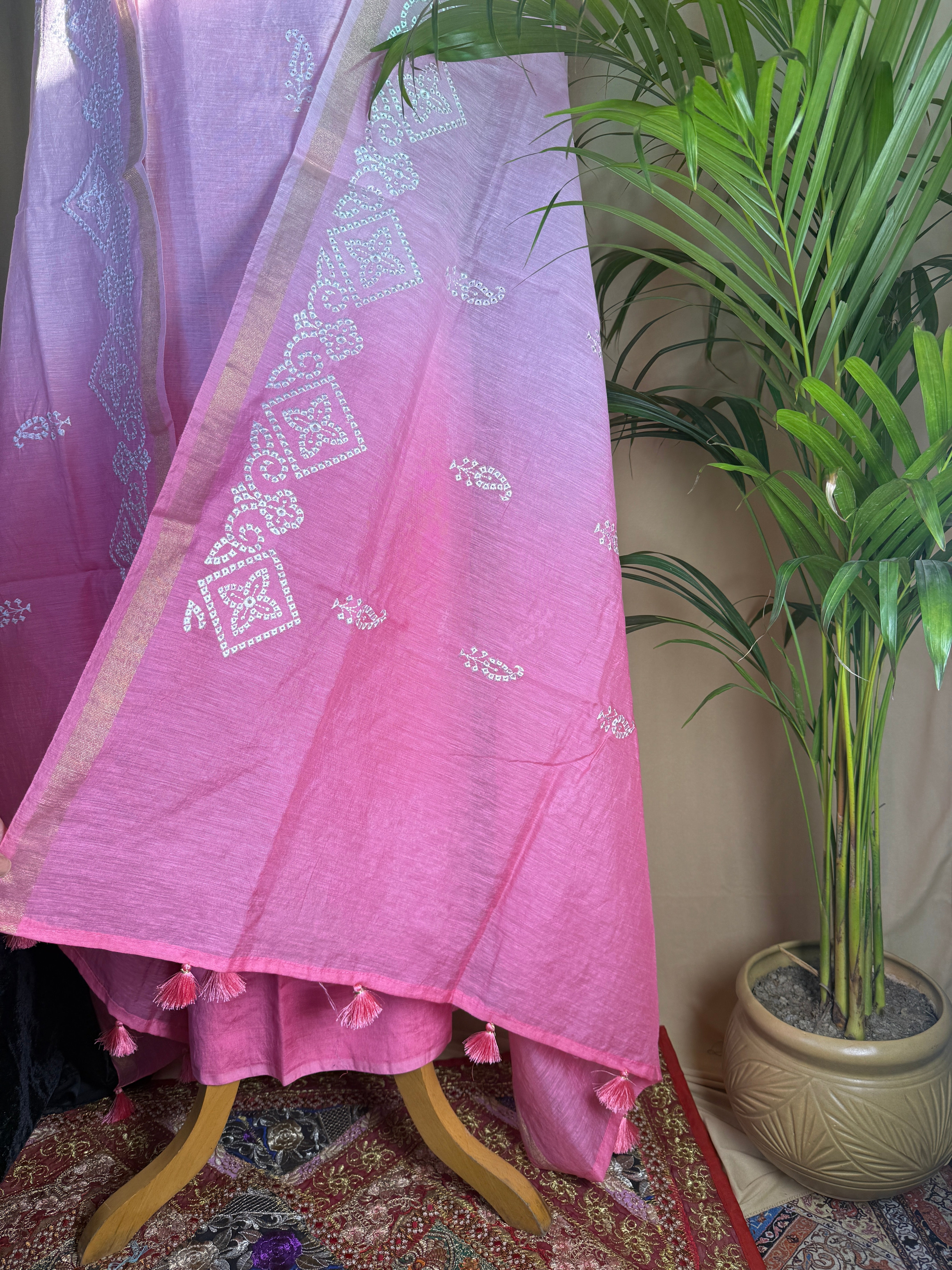 Soft Pink Linen Cotton Suit with Delicate Thread Work