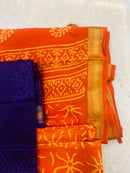 Royal Blue Maheshwari Silk Dupatta with Orange Handblock Print Suit Material