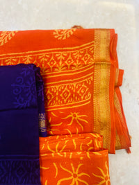 Royal Blue Maheshwari Silk Dupatta with Orange Handblock Print Suit Material