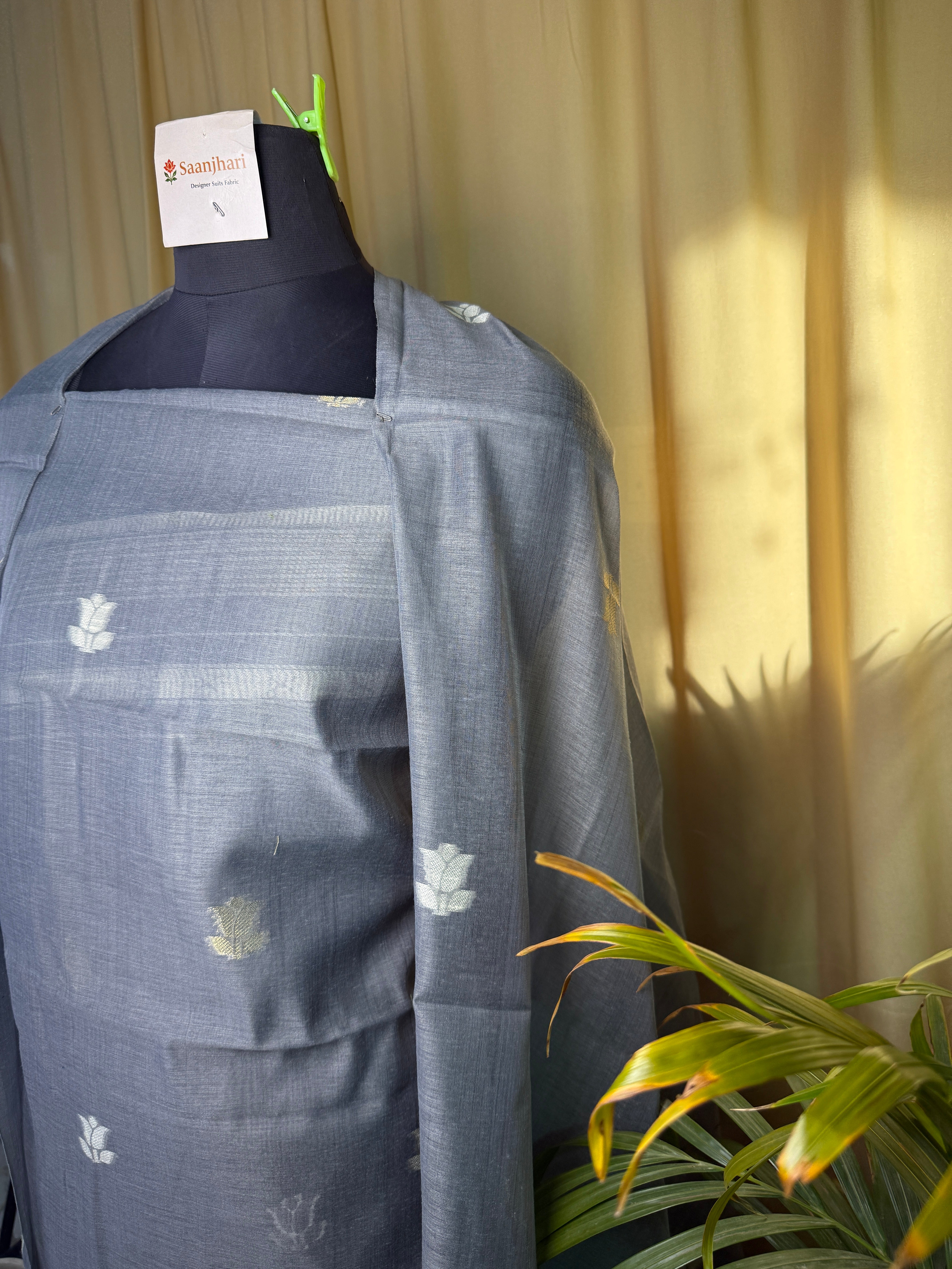 Soft Grey Linen Cotton Suit with Jamdani Floral Dupatta – Minimal & Elegant Ethnic Set