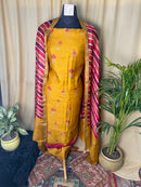 Mustard Tussar Silk Suit with Floral Print & Striped Dupatta