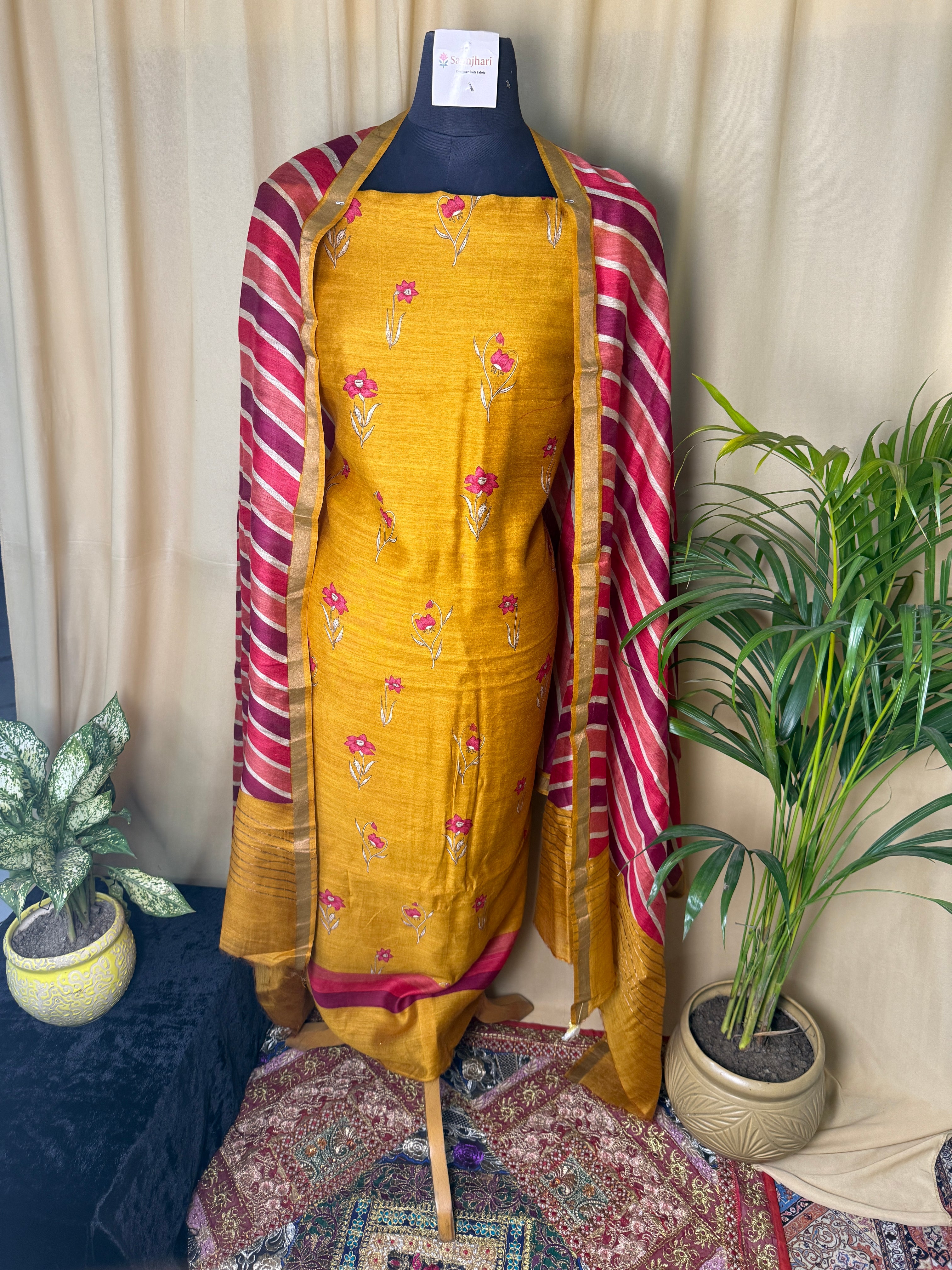 Mustard Tussar Silk Suit with Floral Print & Striped Dupatta