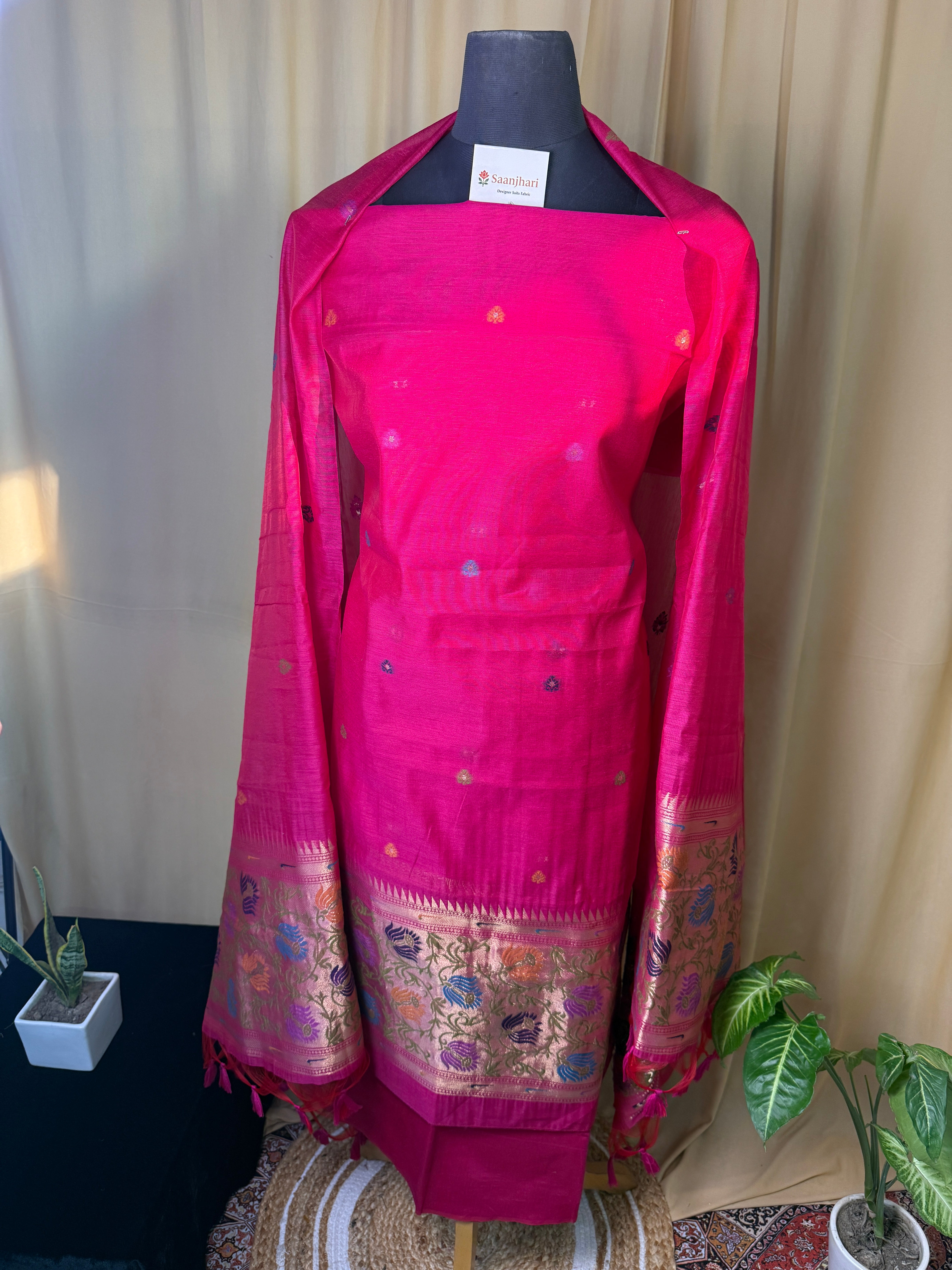 Pink Linen Cotton Ethnic Suit Material with Designer Border Dupatta