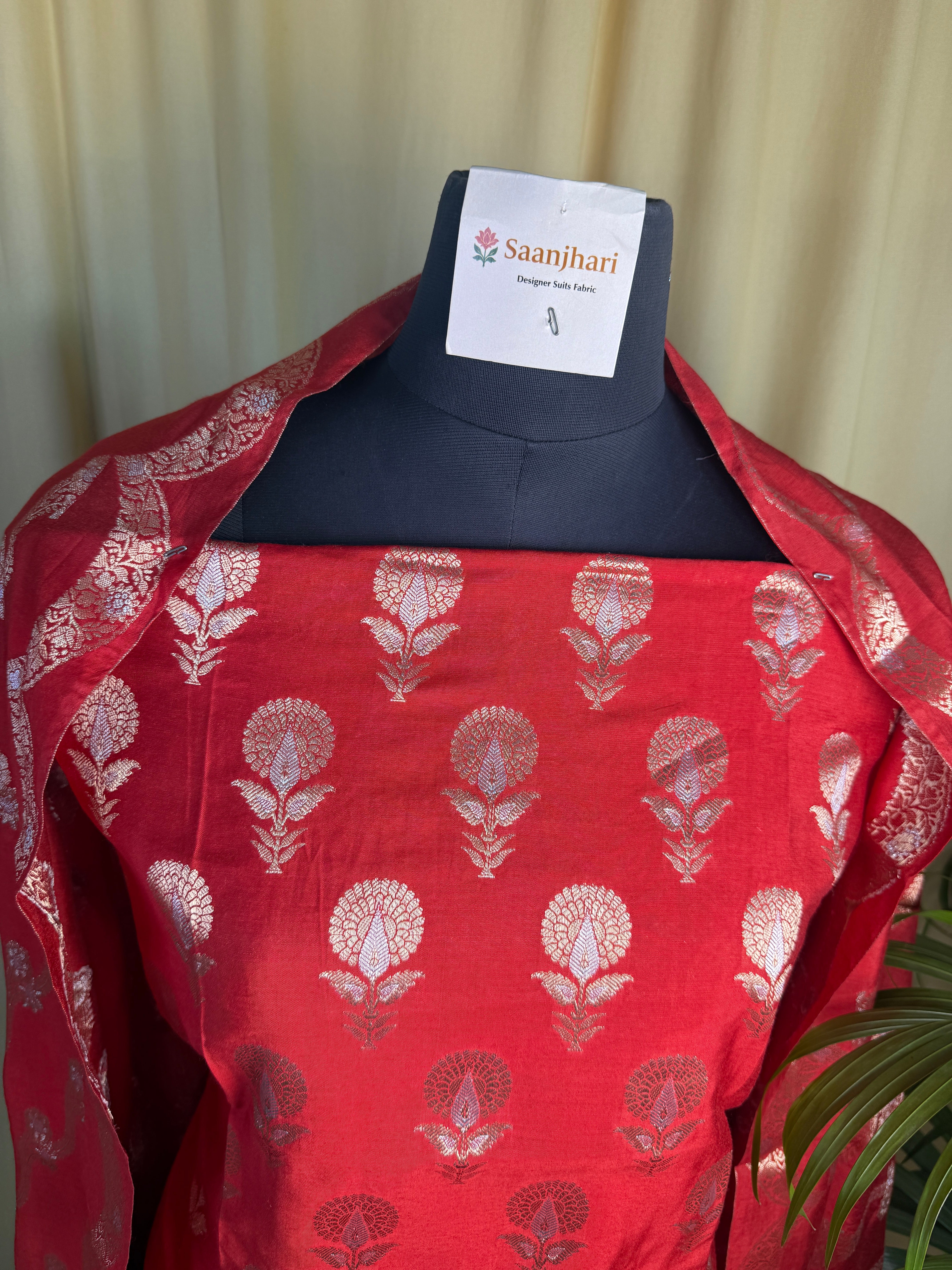 Red Banarasi Silk Suit with Zari Floral Work & Bandhani Dupatta