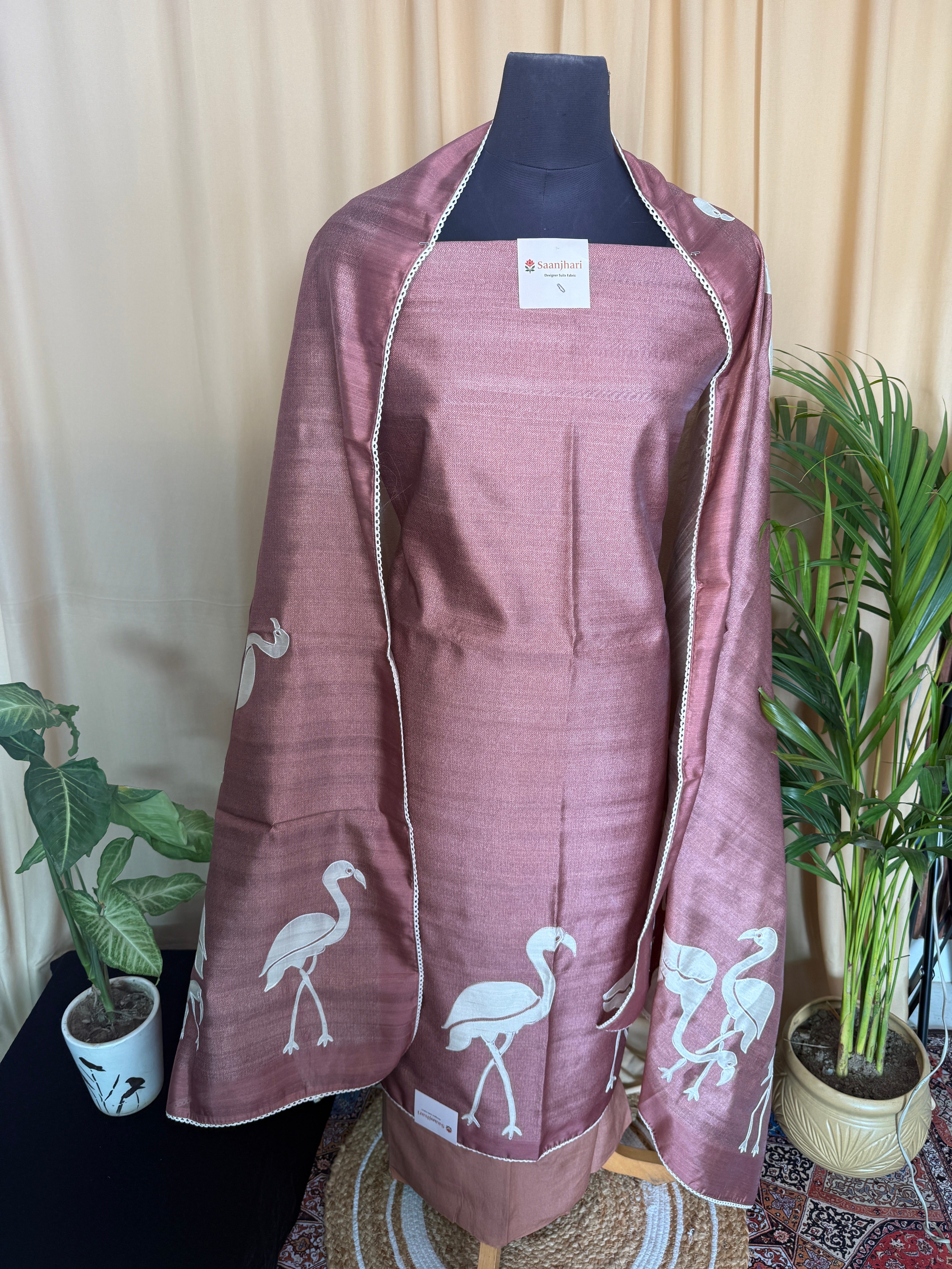 Rust Raw Silk Suit with Hand Appliqué Bird Work and Matching Dupatta