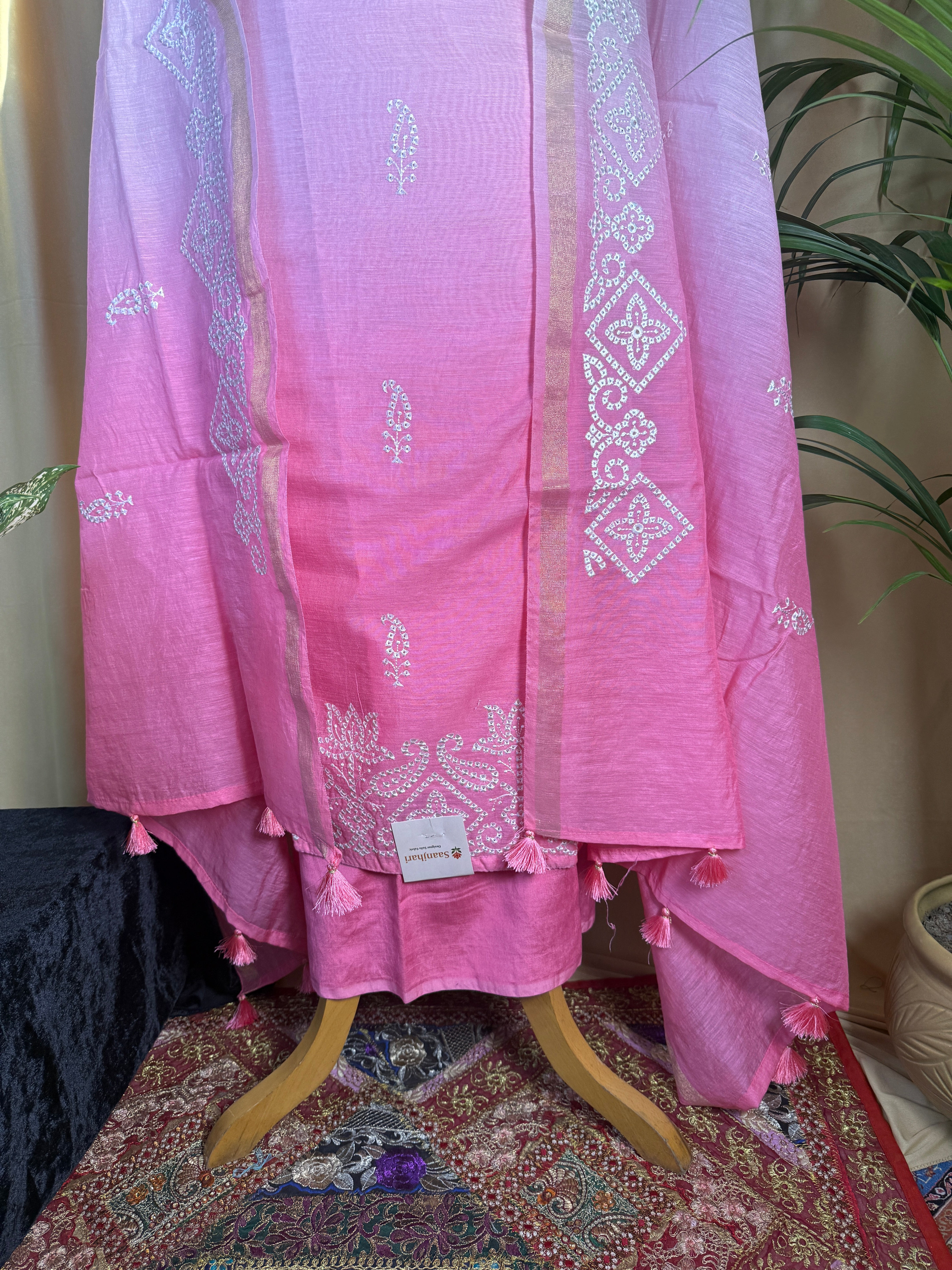 Soft Pink Linen Cotton Suit with Delicate Thread Work