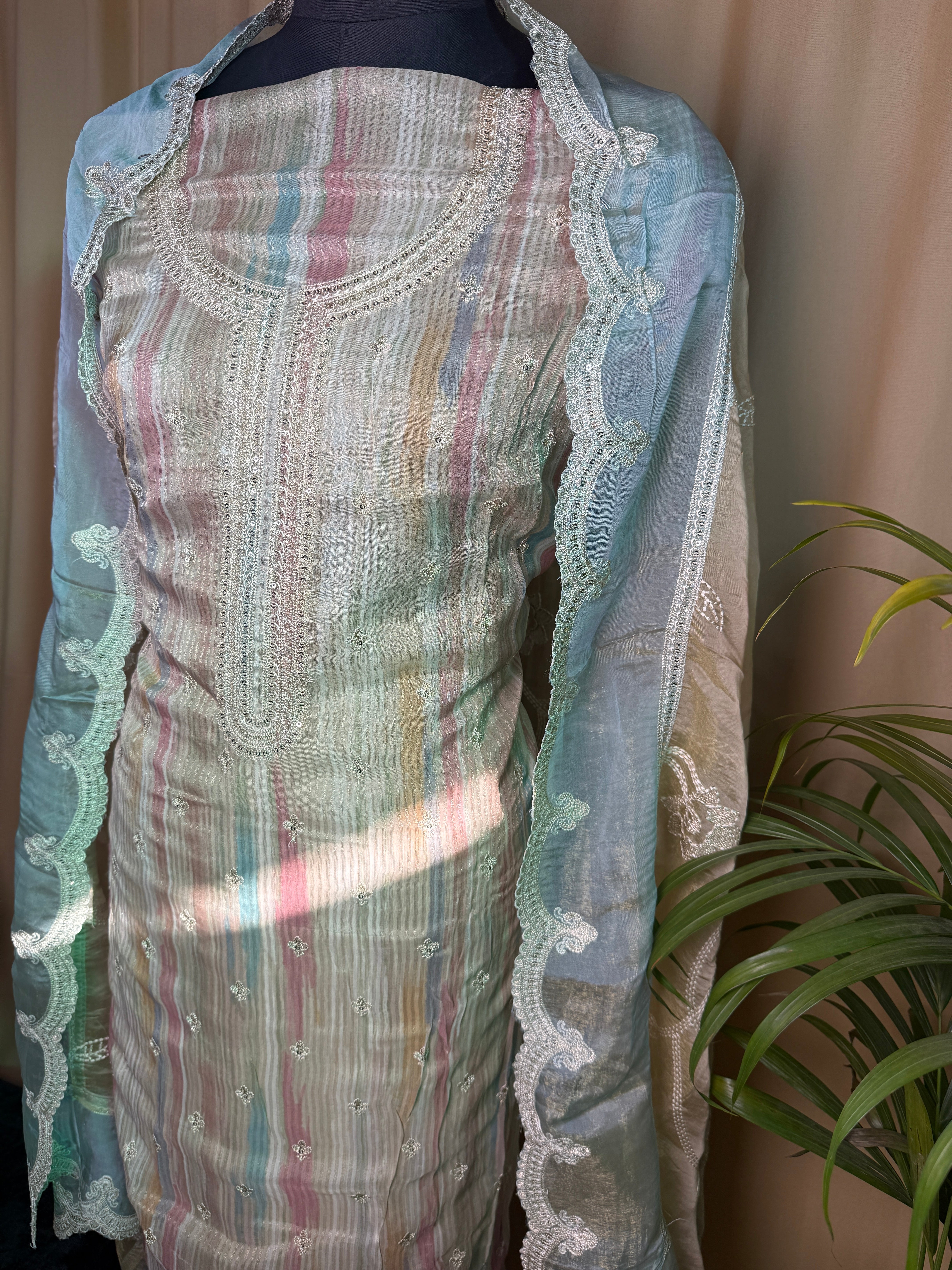 Blue Organza Suit with Embroidered Border & Organza Dupatta