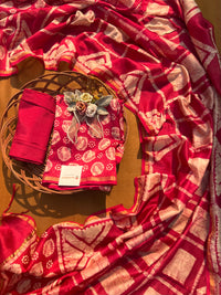 Chanderi Silk Unstitched Suit Set – Red 3-Piece Ensemble with Handcrafted Print & Zari Border Dupatta