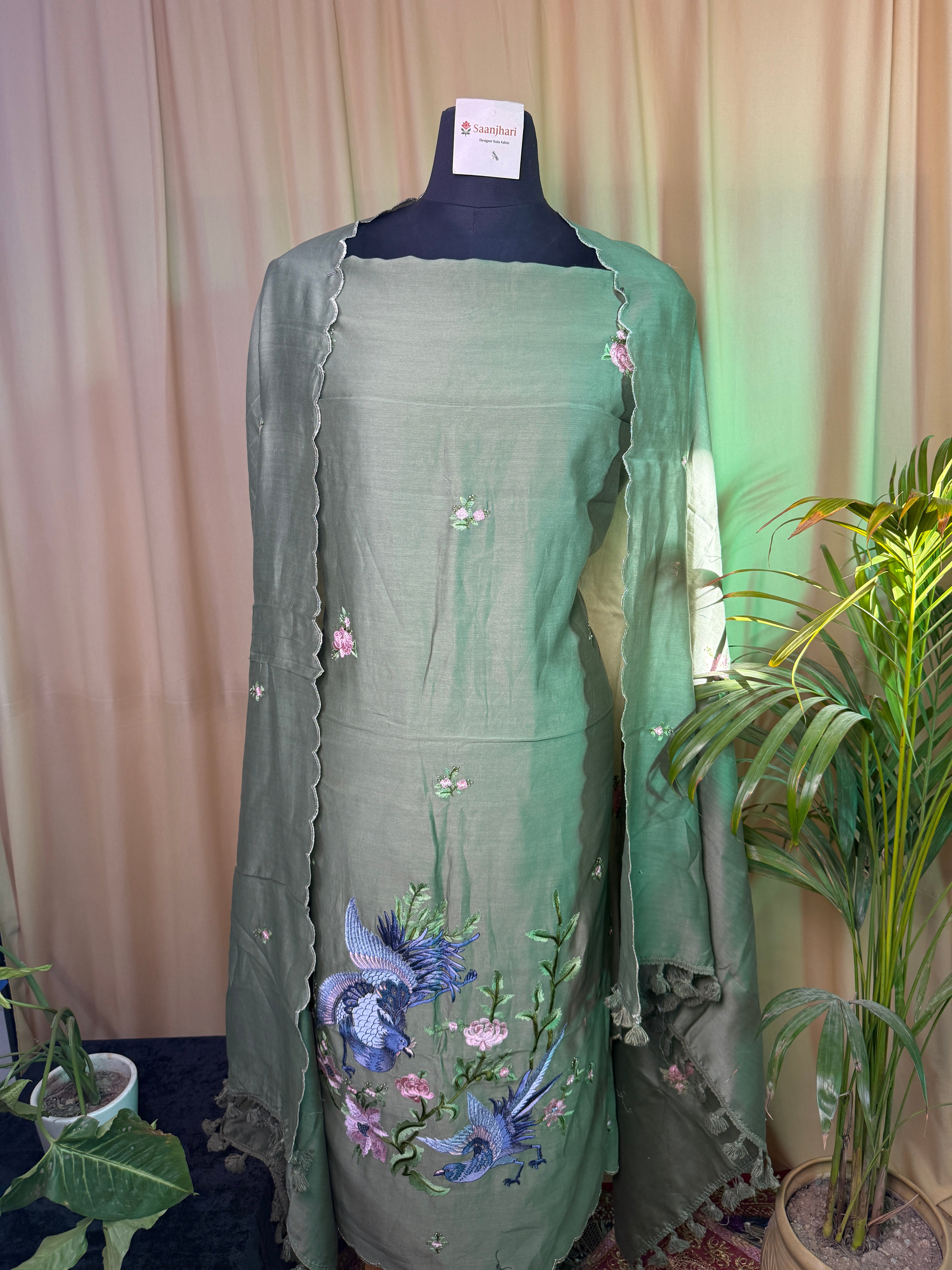 Elegant Soft Green Mul Chanderi Unstitched Suit – Premium Ethnic Wear