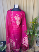 Rani Pink Linen Cotton Suit with Zari Floral Embroidery & Jamdani Woven Dupatta