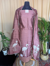Rust Raw Silk Suit with Hand Appliqué Bird Work and Matching Dupatta