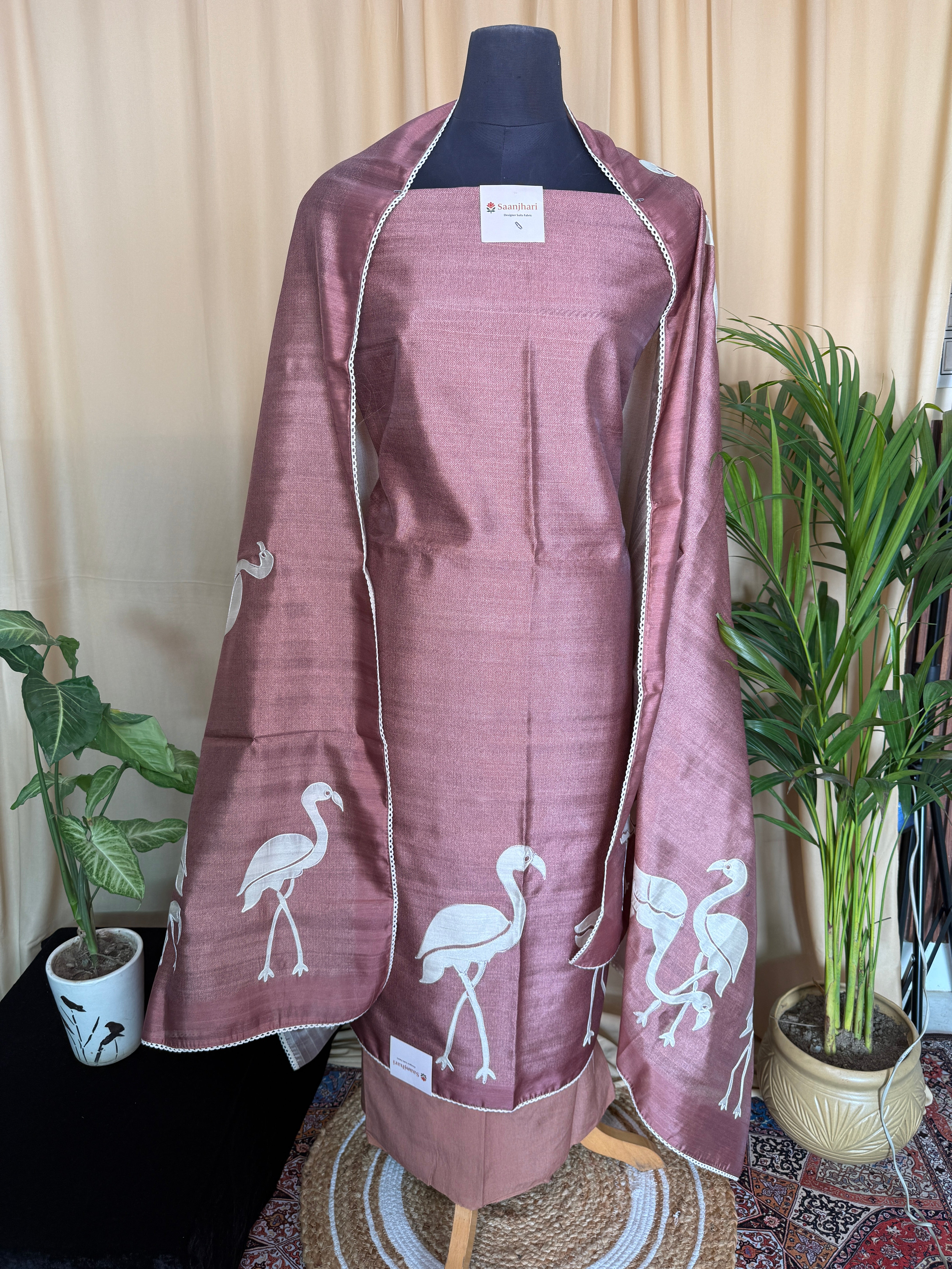 Rust Raw Silk Suit with Hand Appliqué Bird Work and Matching Dupatta