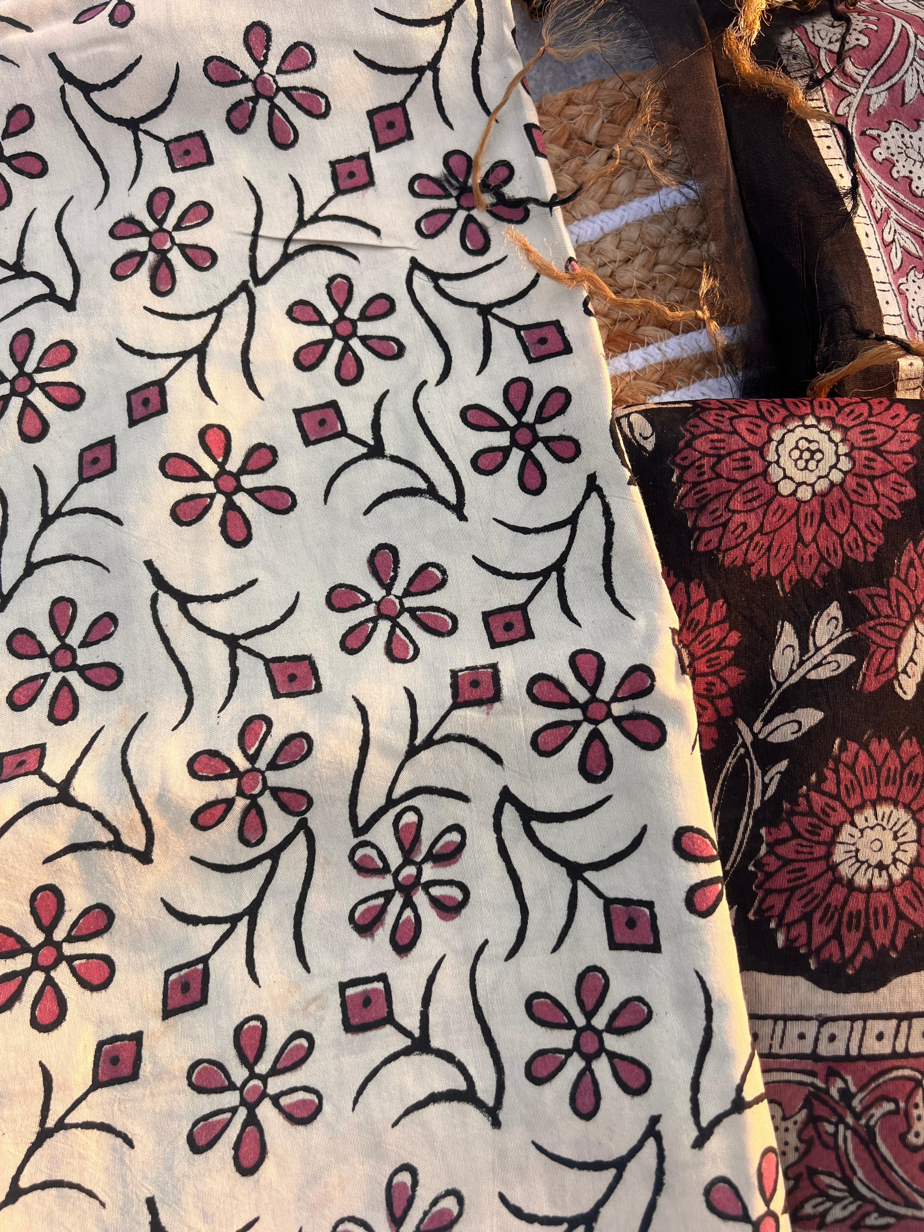 Maheshwari Silk Black and Red Unstitched Suit Set with Handblock Print Dupatta – Elegant Traditional Wear for Women