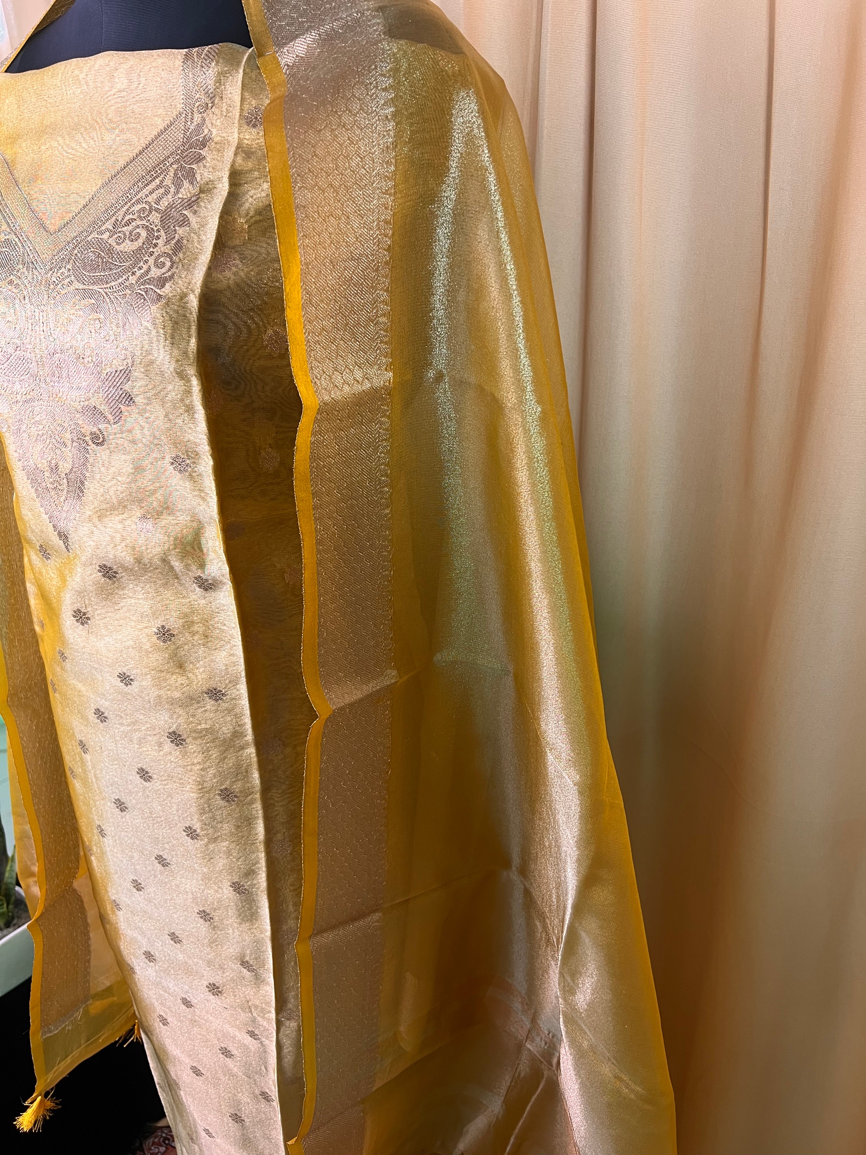 Golden Tissue Organza Suit Set with Zari Work & Matching Dupatta