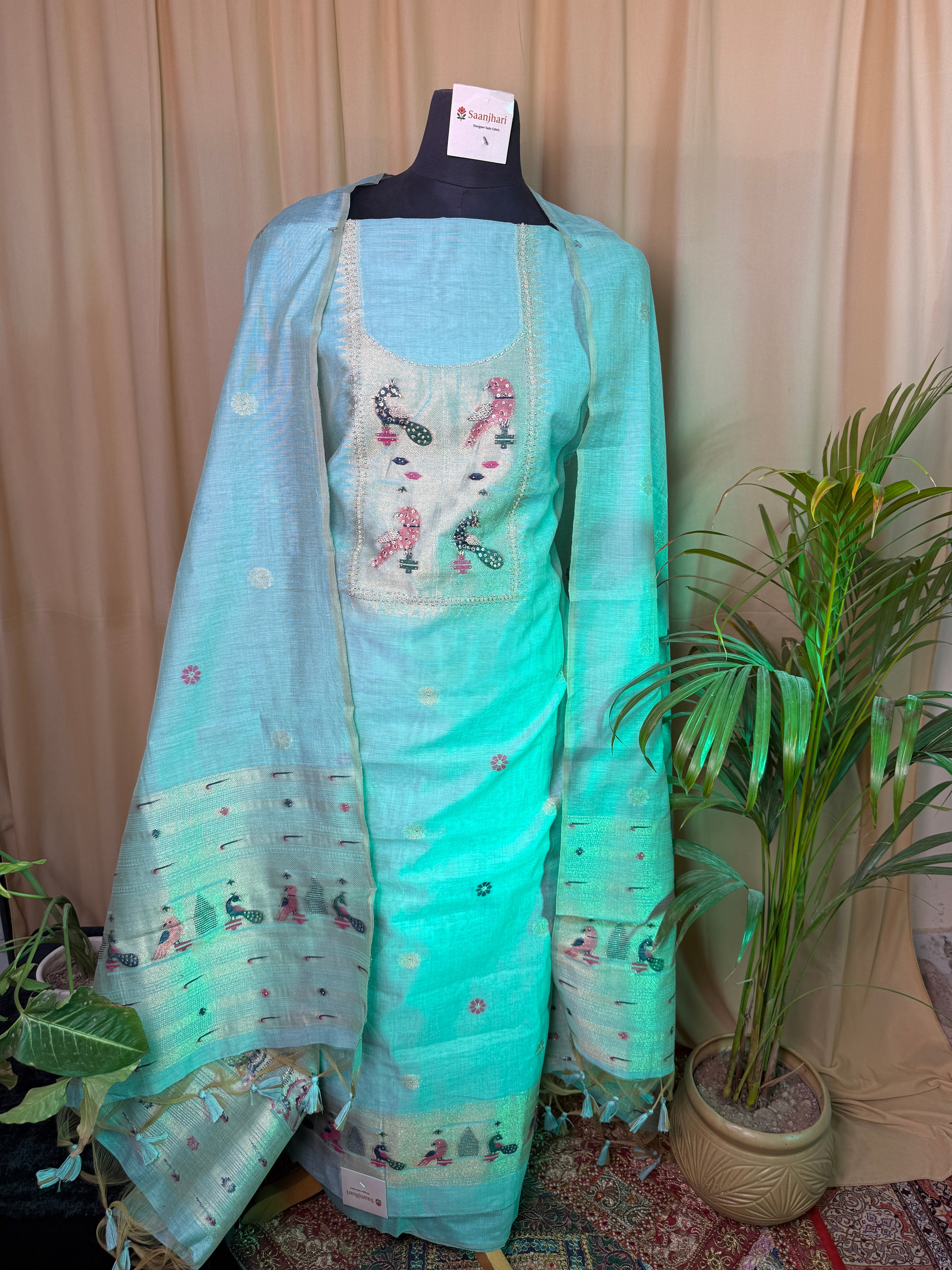 Premium Chanderi Silk Unstitched Suit with Zari Motifs & Paithani Work Dupatta