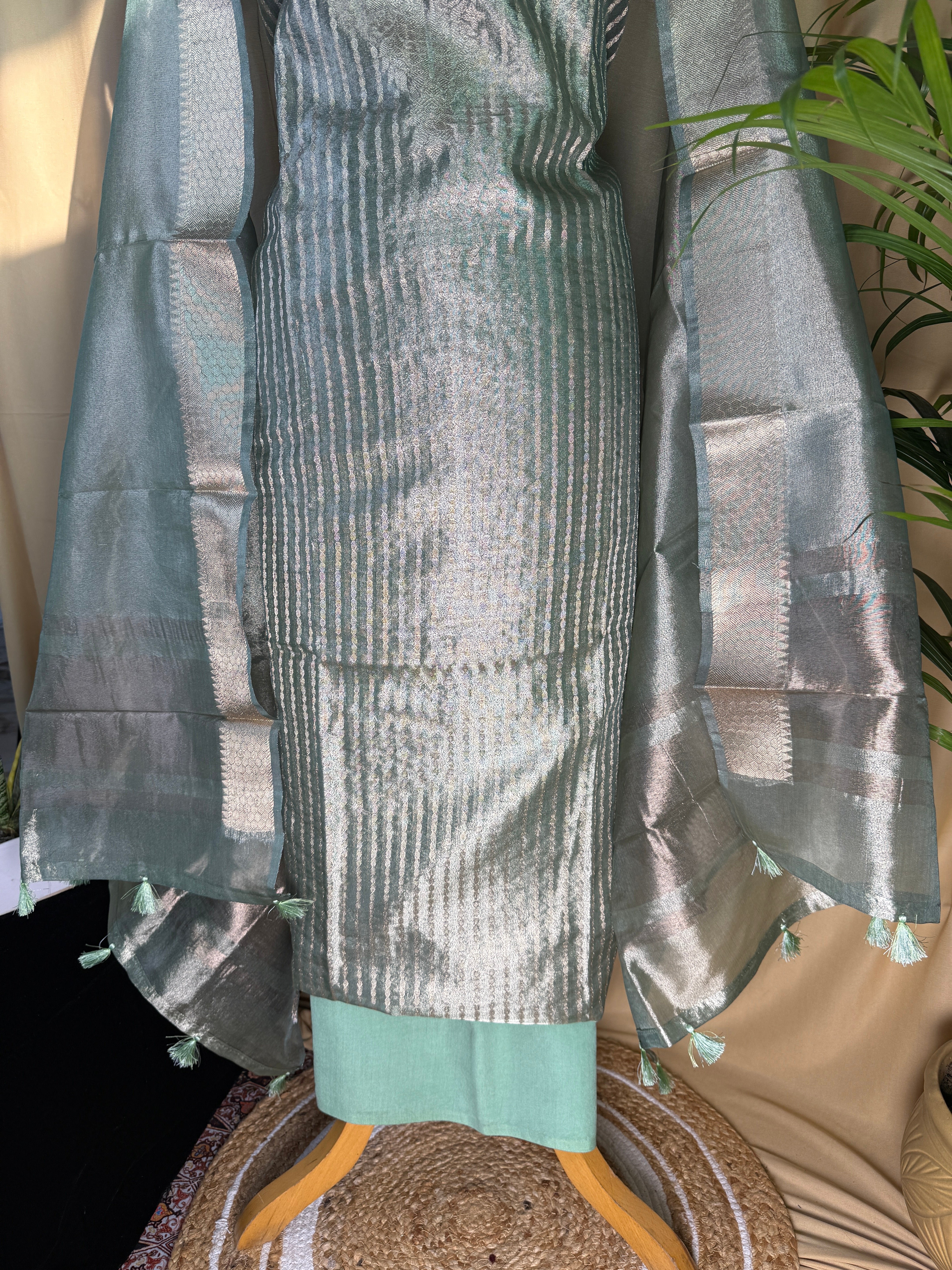 Mint Green Tissue Organza Suit with Soft Metallic Glow