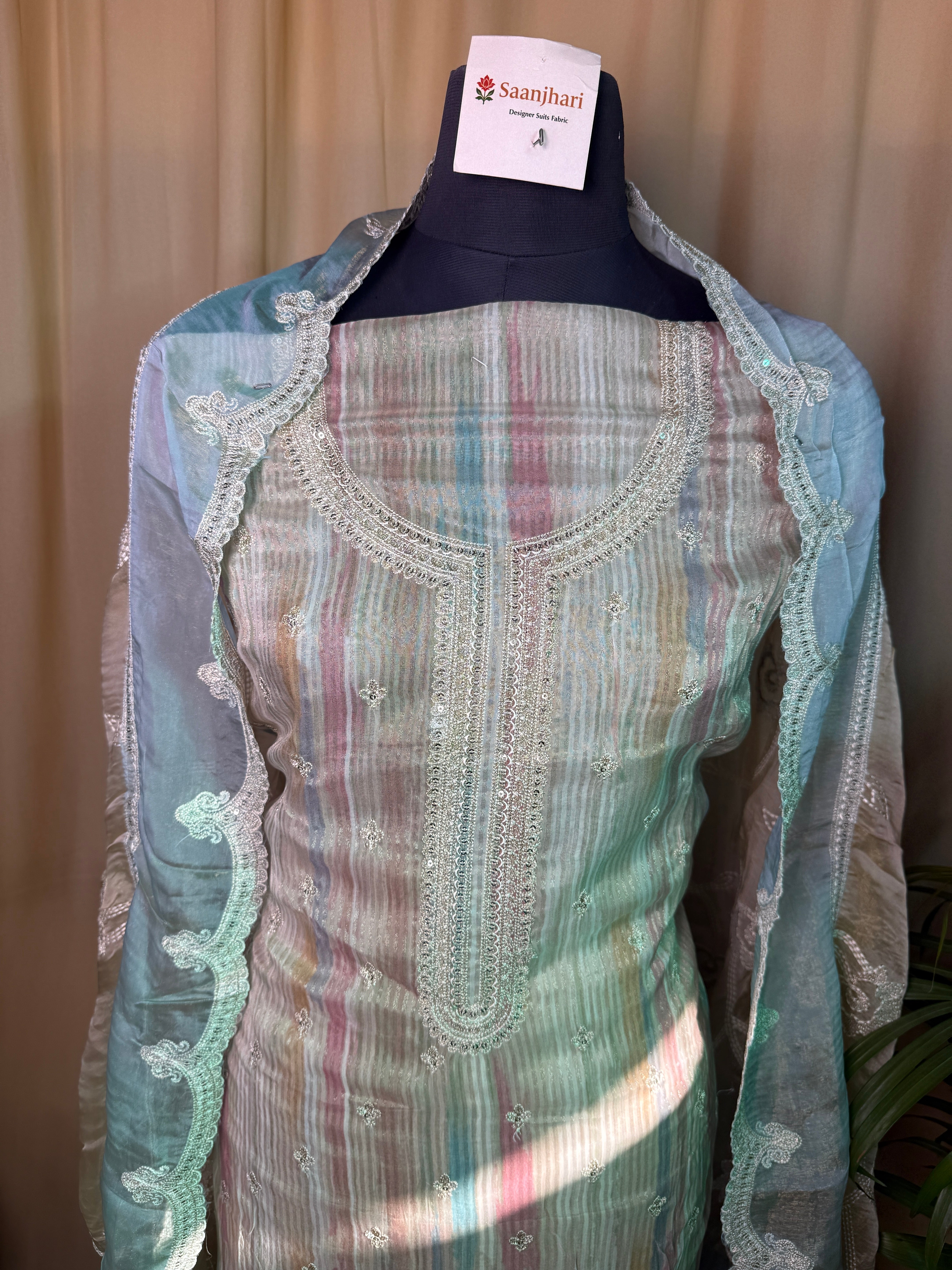 Blue Organza Suit with Embroidered Border & Organza Dupatta
