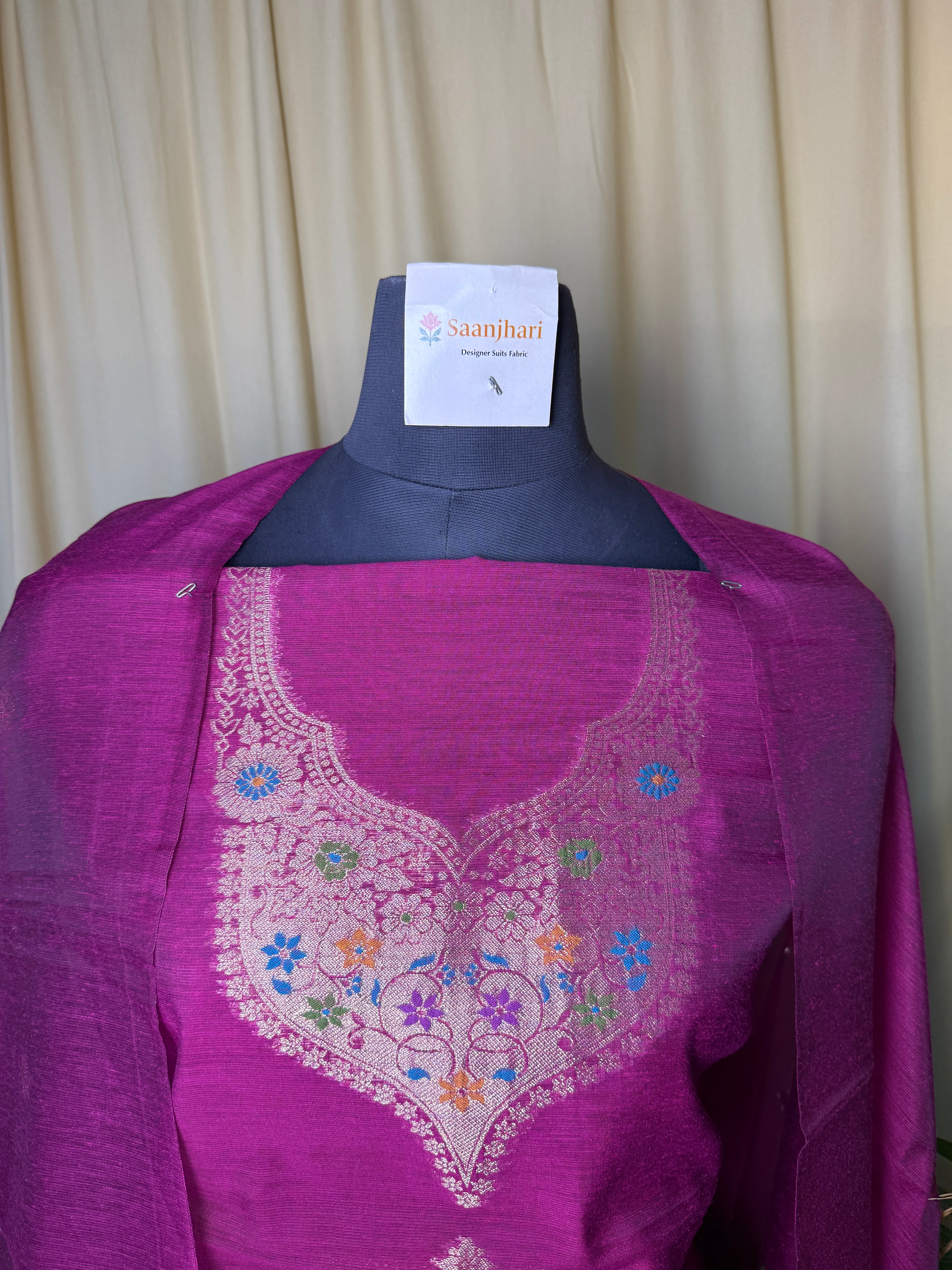 Royal Magenta Chanderi Silk Unstitched Suit – Festive Luxury Set