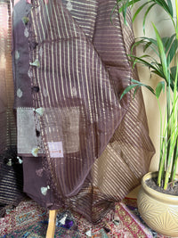 Elegant Brown Banarasi Silk Unstitched Suit with Soft Organza Dupatta