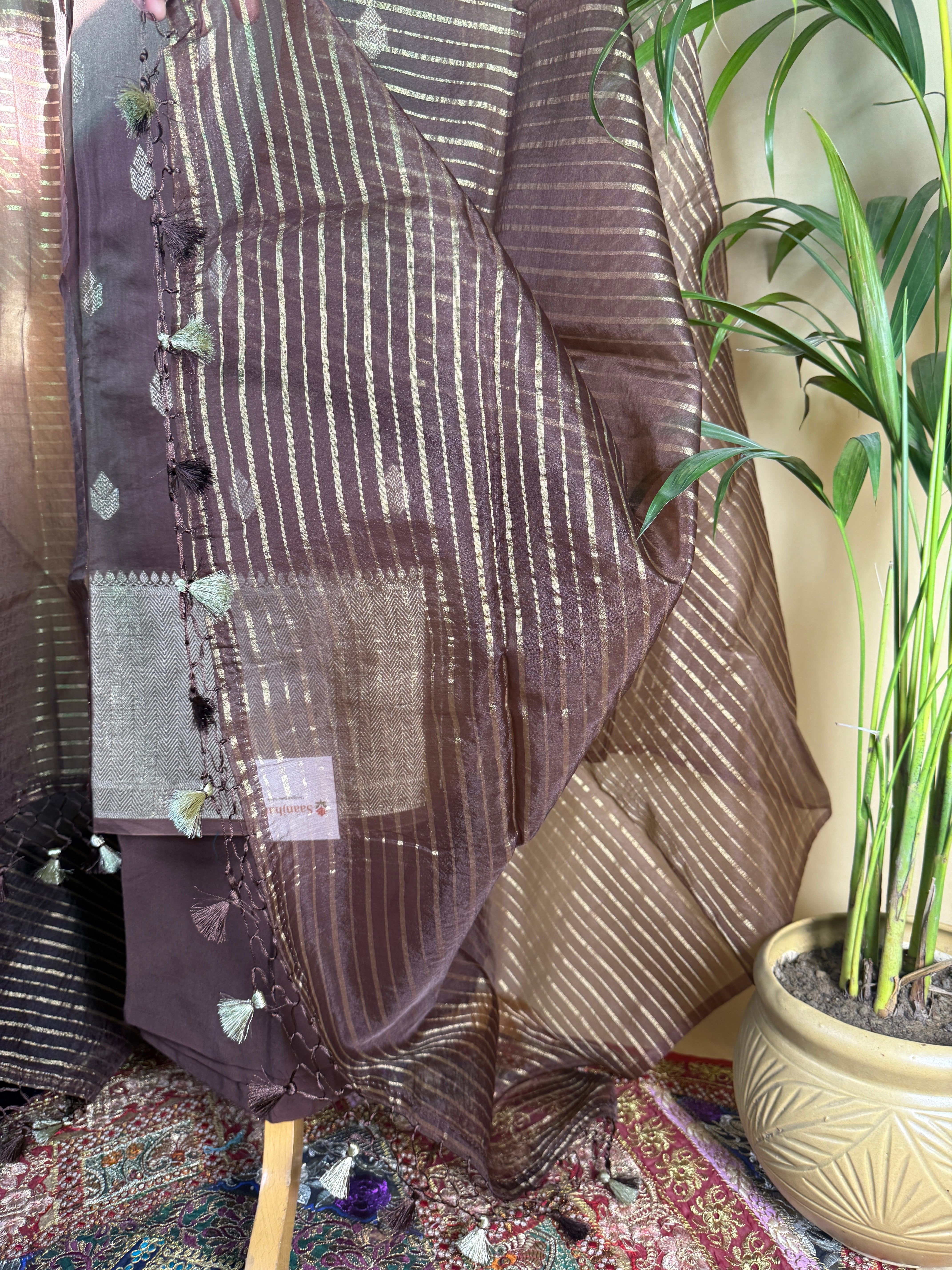 Elegant Brown Banarasi Silk Unstitched Suit with Soft Organza Dupatta